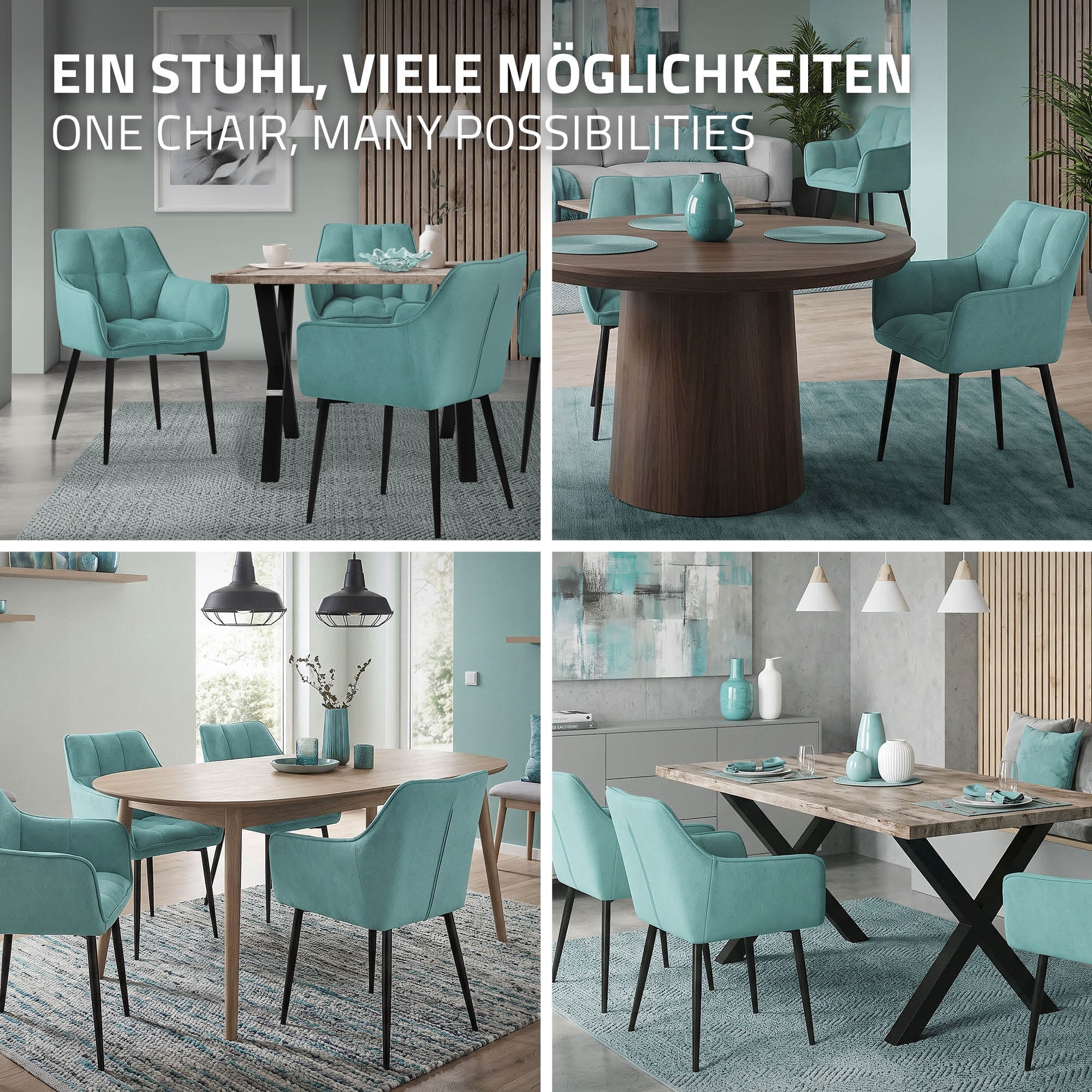 Vier Bilder eines Esszimmers mit blauen Stühlen und verschiedenen Tischen.
