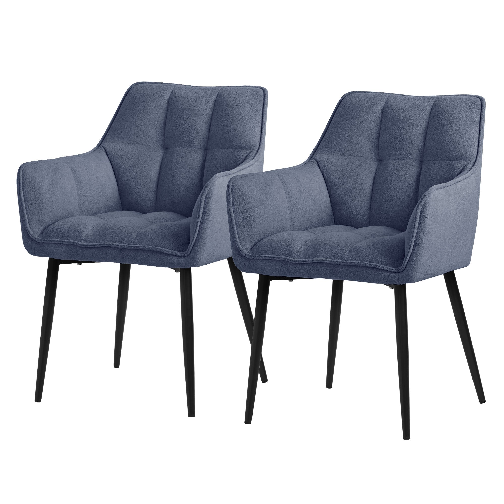 Dos sillas azules con asiento y respaldo acolchados, sobre patas negras.