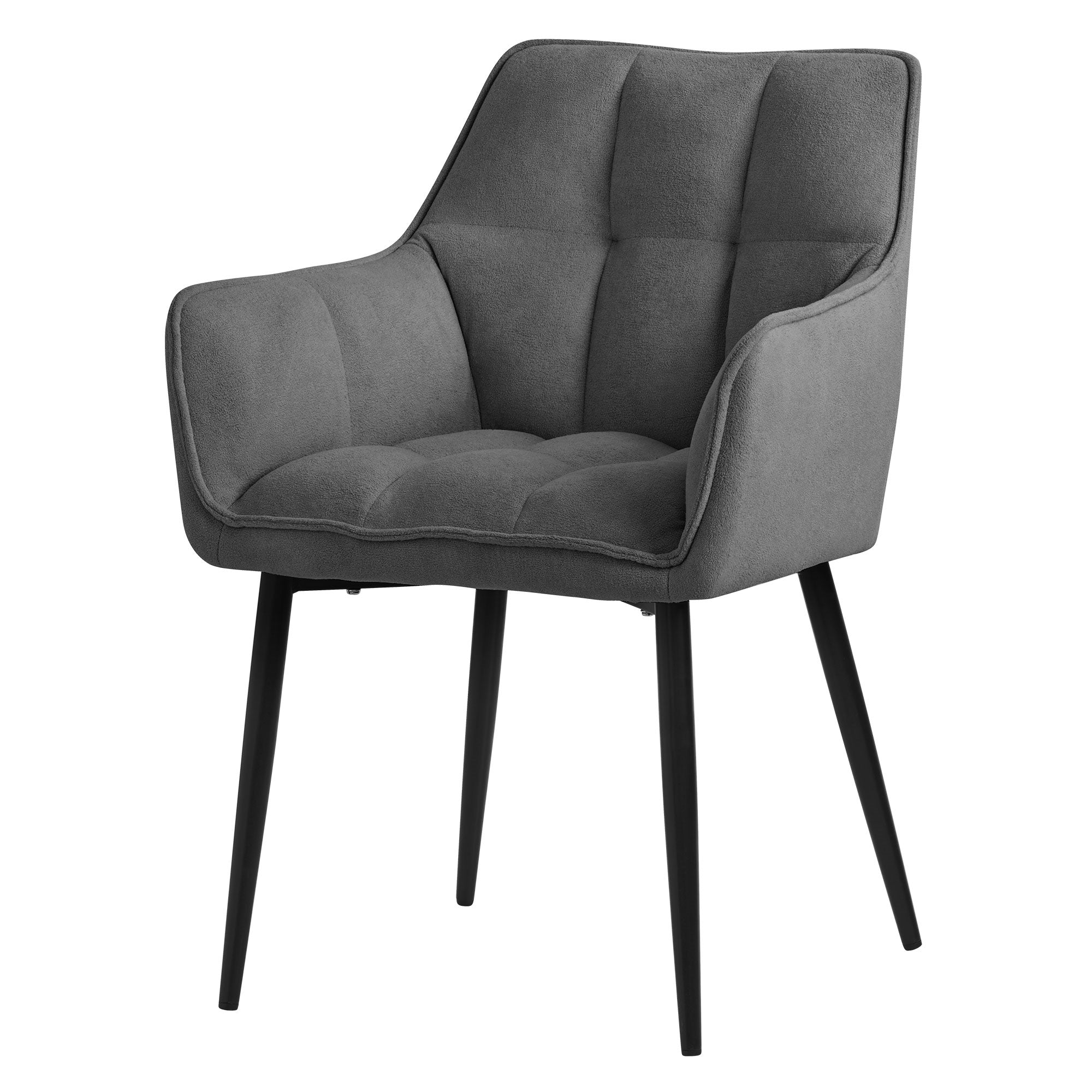 Silla gris con asiento acolchado y respaldo, sobre patas negras.