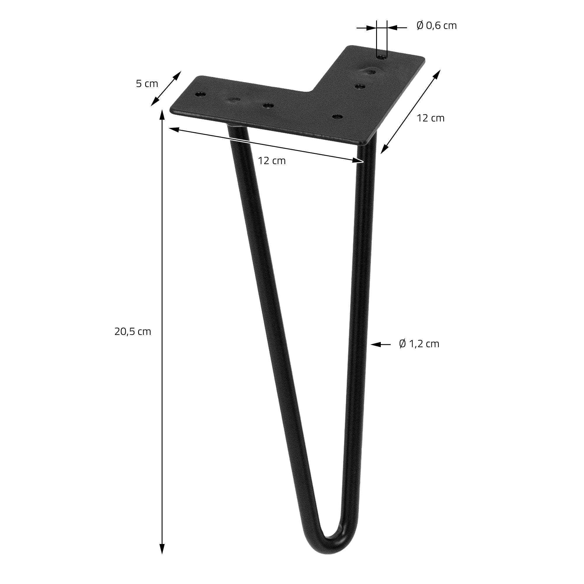 Zwarte metalen hoek met afmetingen en gaten voor bevestiging.