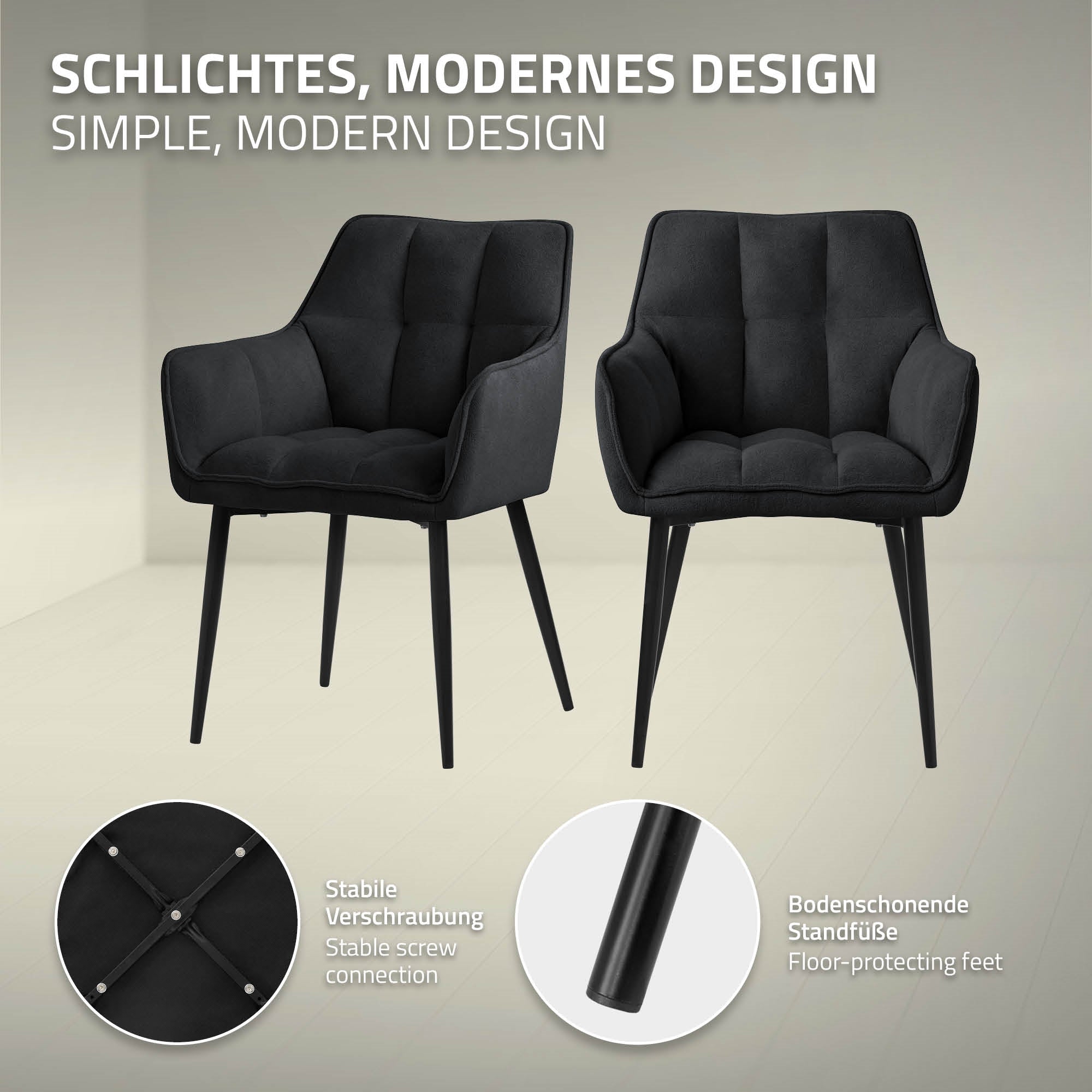 To sorte stole med moderne design, på en lys baggrund.