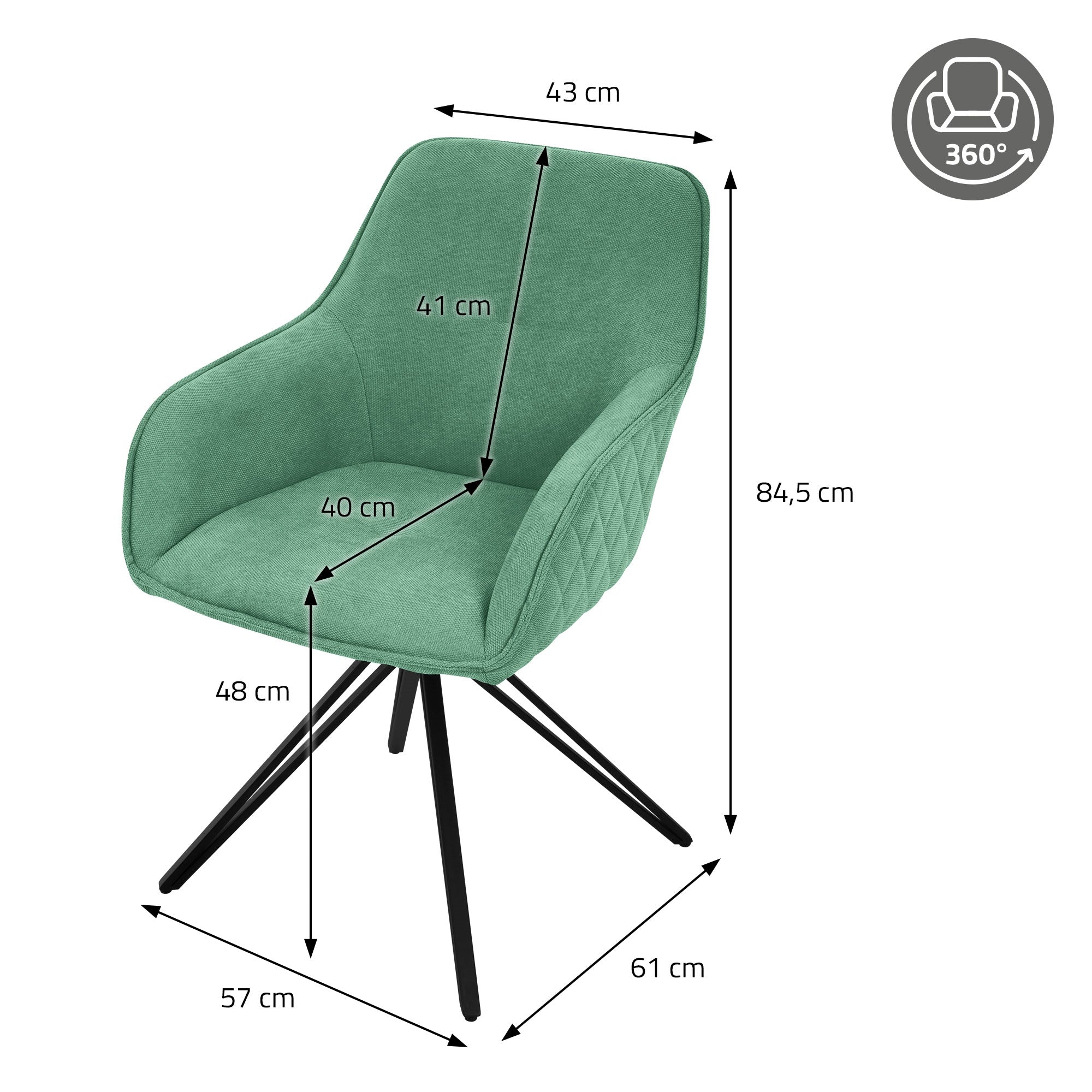 Maatekening van een stoel in groen met afmetingen in cm.