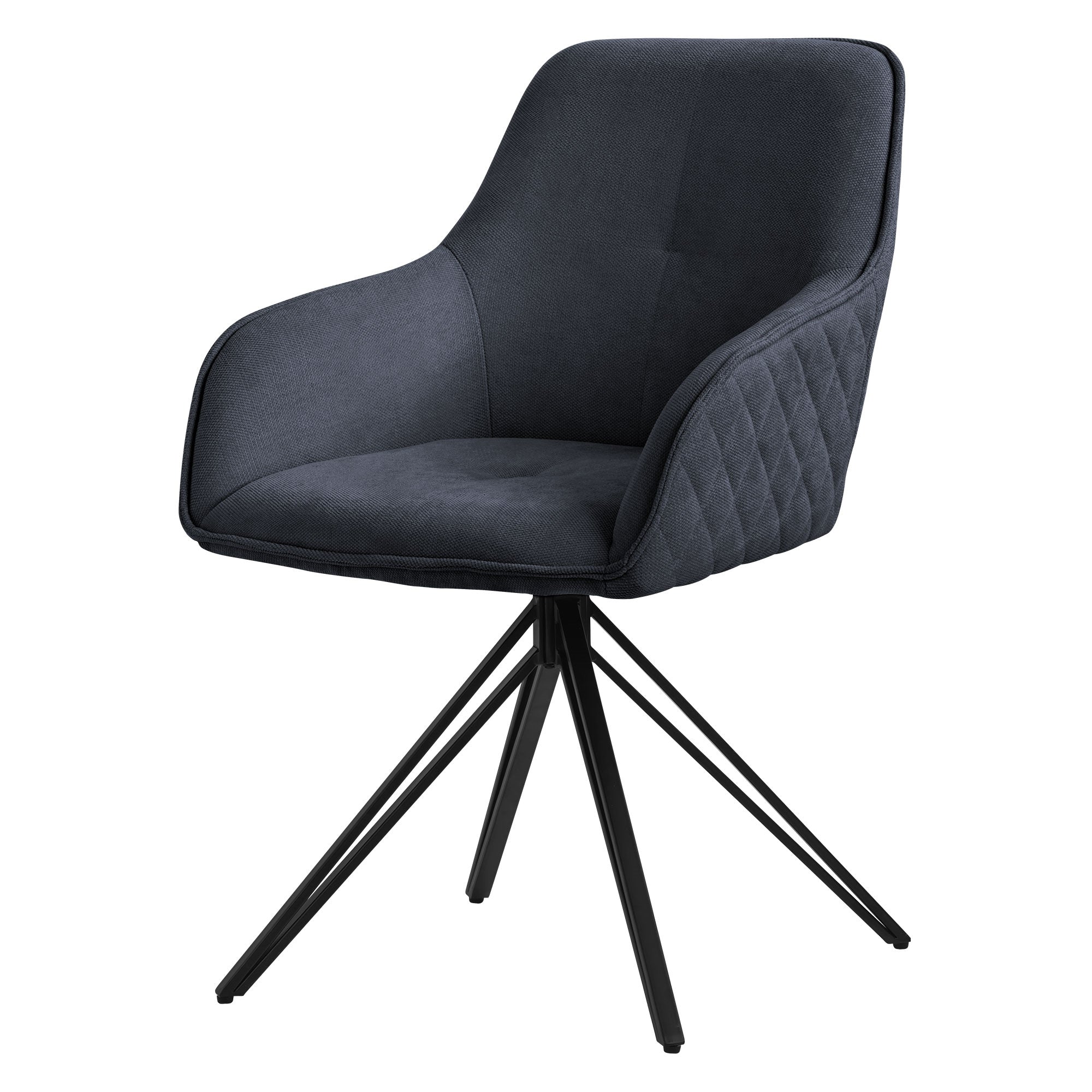 Dark blue chair with padded seat and black frame.