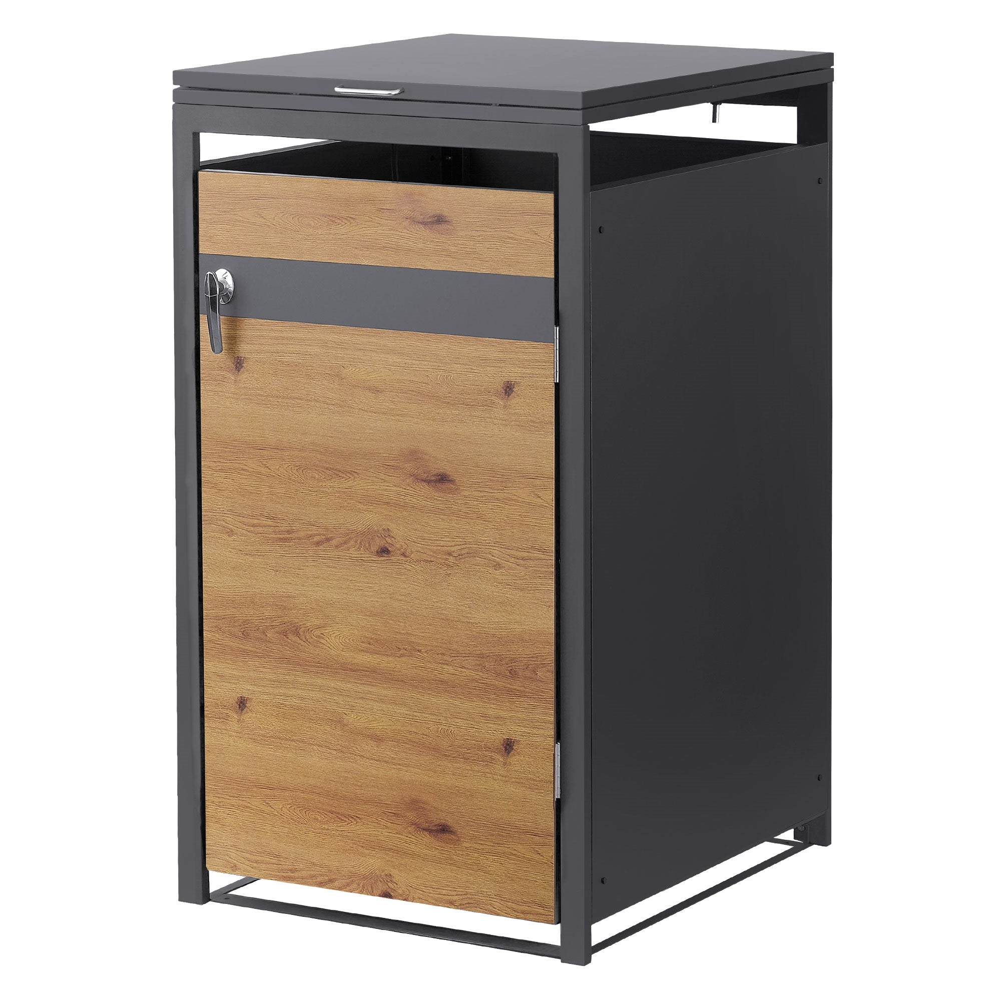 Szemetesládabox egy rekesszel, porfestett acélból és fa dekorral.