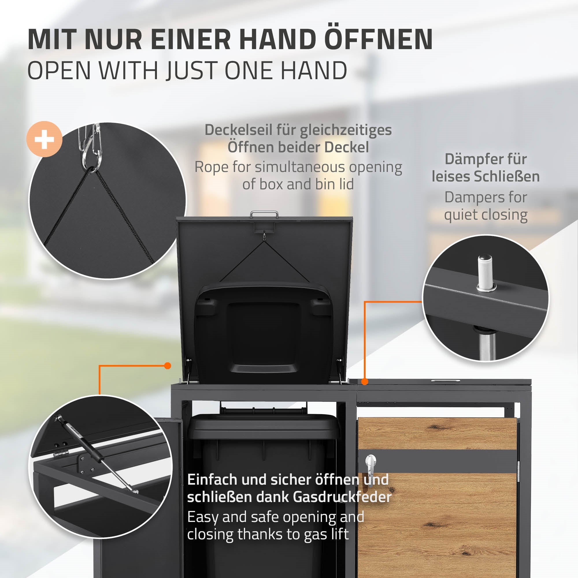Mülltonnenbox mit Deckel, Dämpfer für leises Schließen und robustem Stahlrahmen.