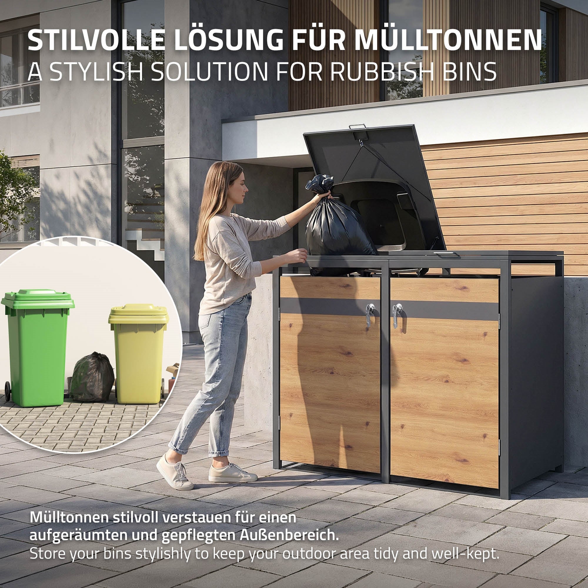Frau öffnet Mülltonnenbox mit zwei grünen Mülltonnen im Inneren.