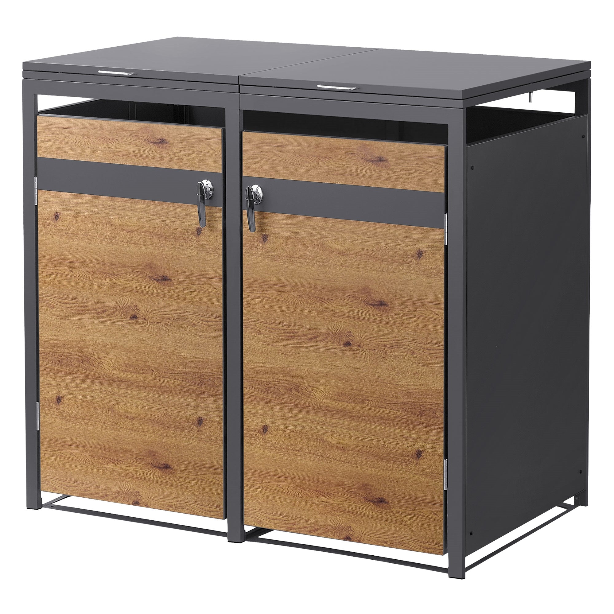 Caja para cubos de basura con dos compartimentos, apariencia de madera y marco metálico.