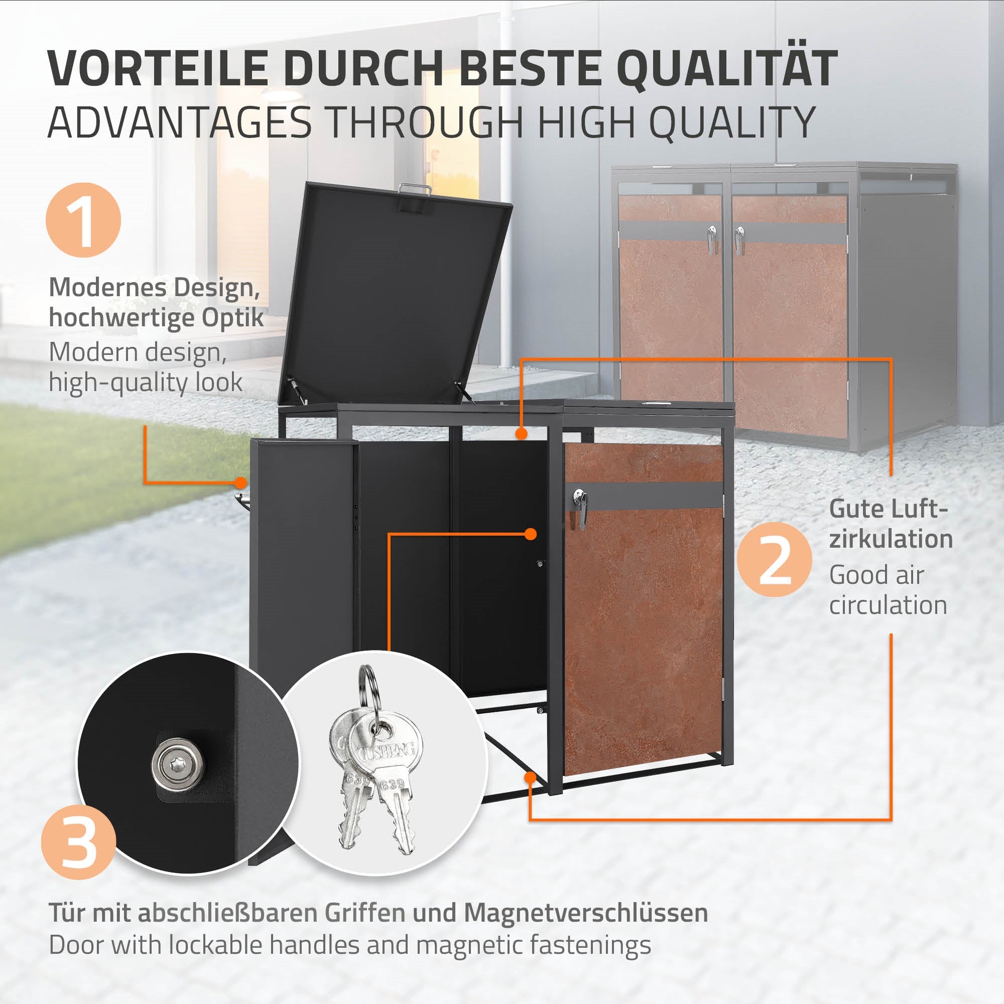 Infografik om en affaldscontainer med design- og funktionsfunktioner.