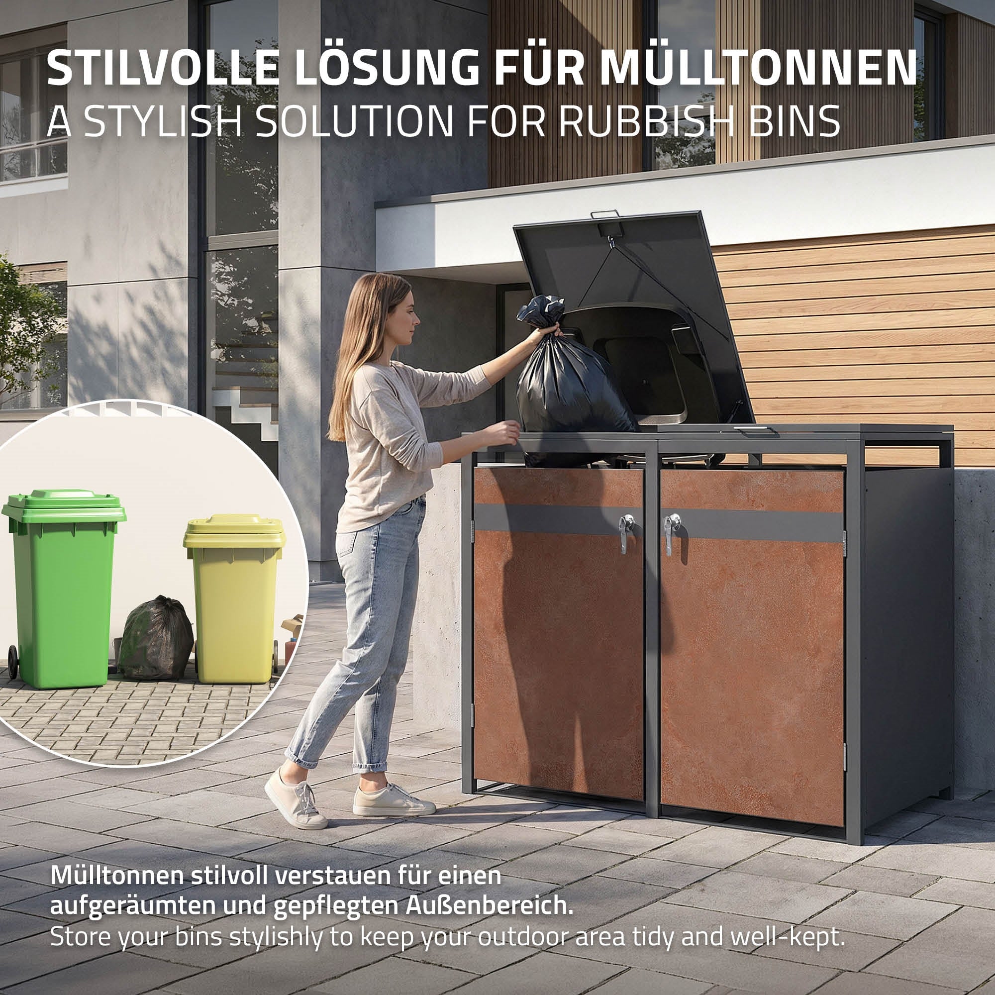 Kvinde smider affald i en affaldscontainer i udendørsområdet.