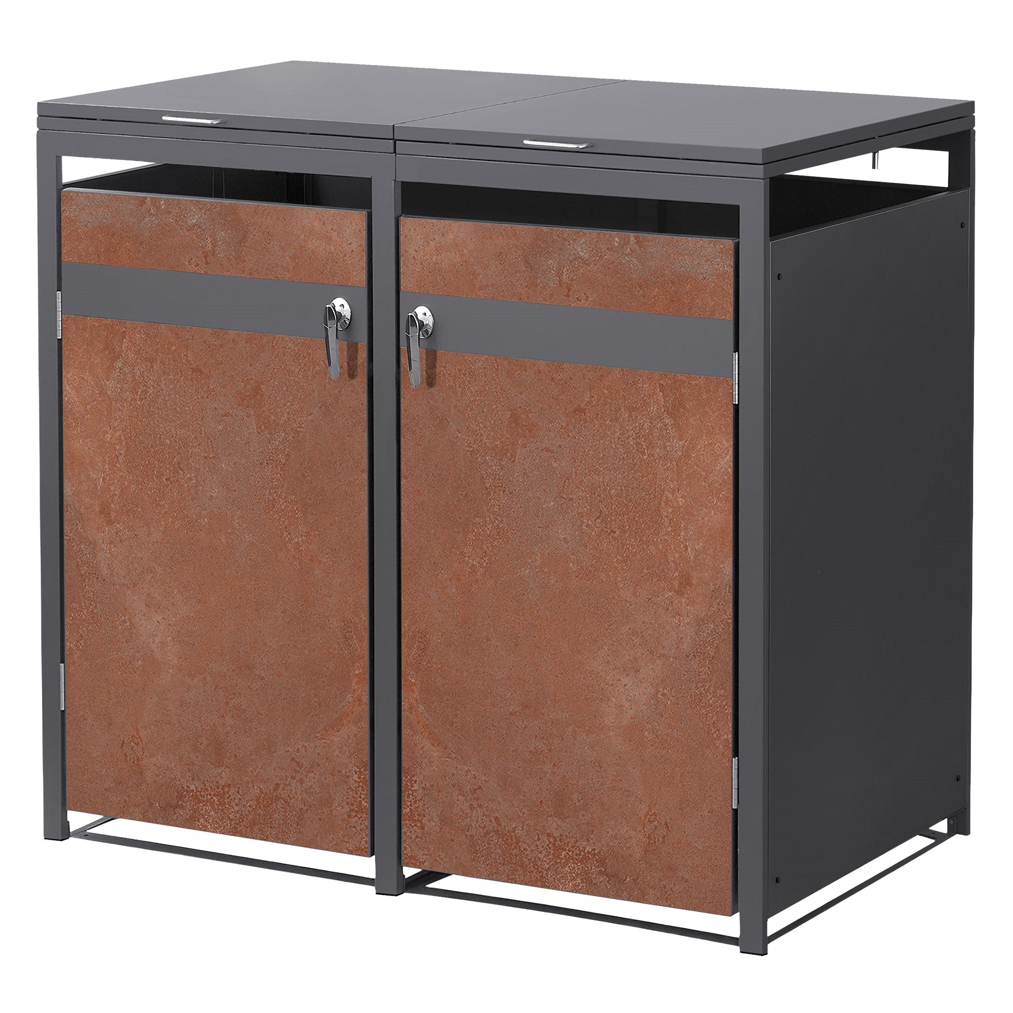 Due box per bidoni della spazzatura di grigio scuro con aspetto in acciaio Corten.