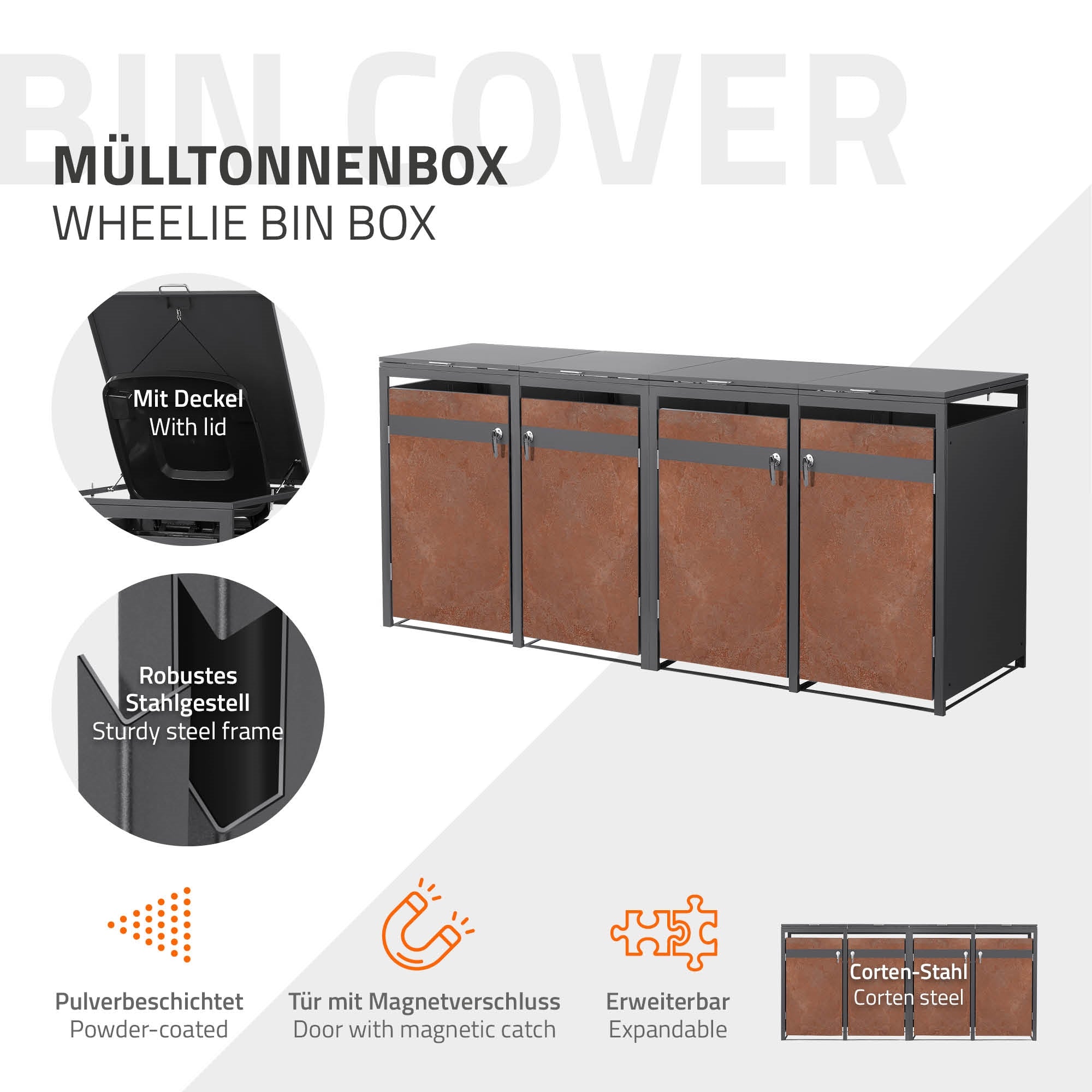 Affaldscontainer med låg, robust stålramme og magnetlås.