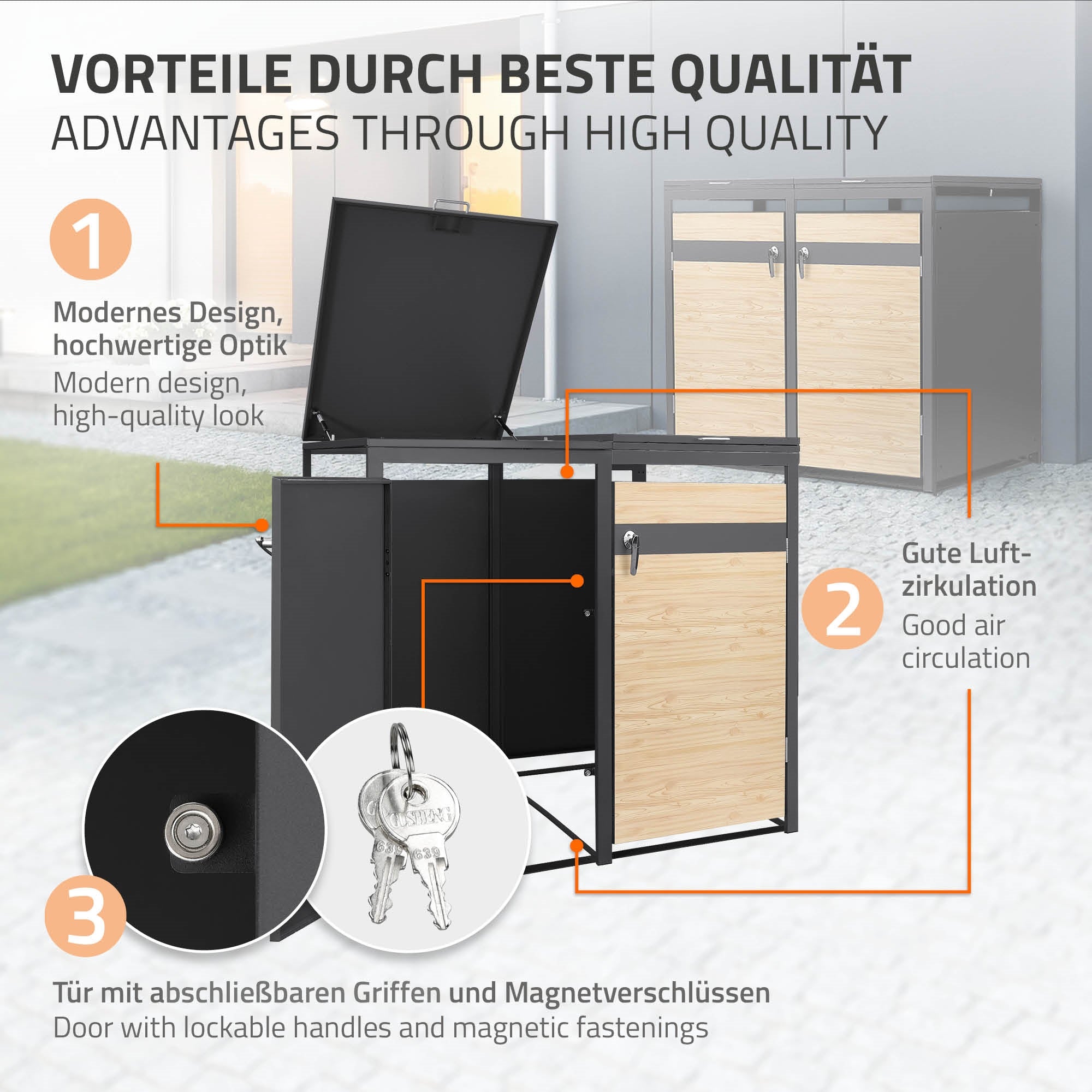 Boîte à poubelles au design moderne et informations sur la qualité et l'air.