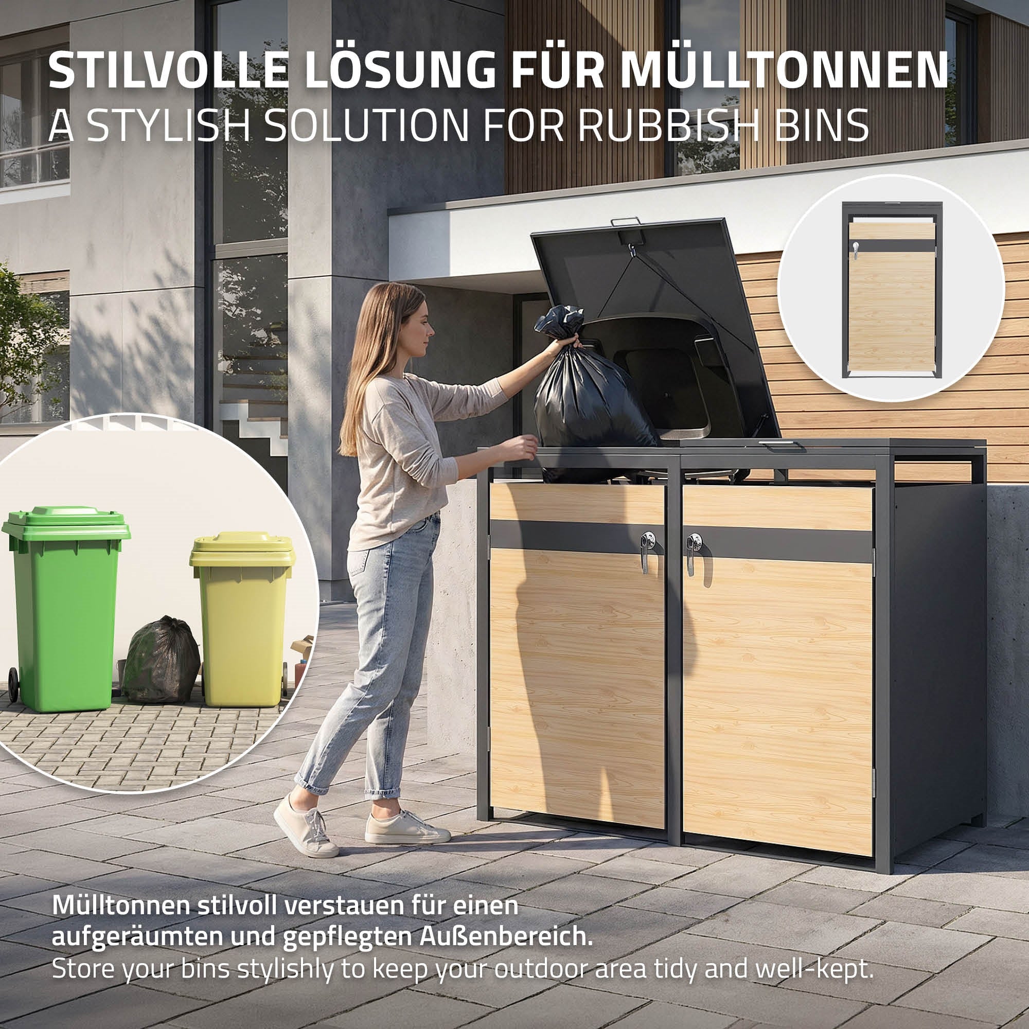Femme se tenant à côté d'une boîte à poubelles et ouvrant le couvercle pour jeter des déchets.