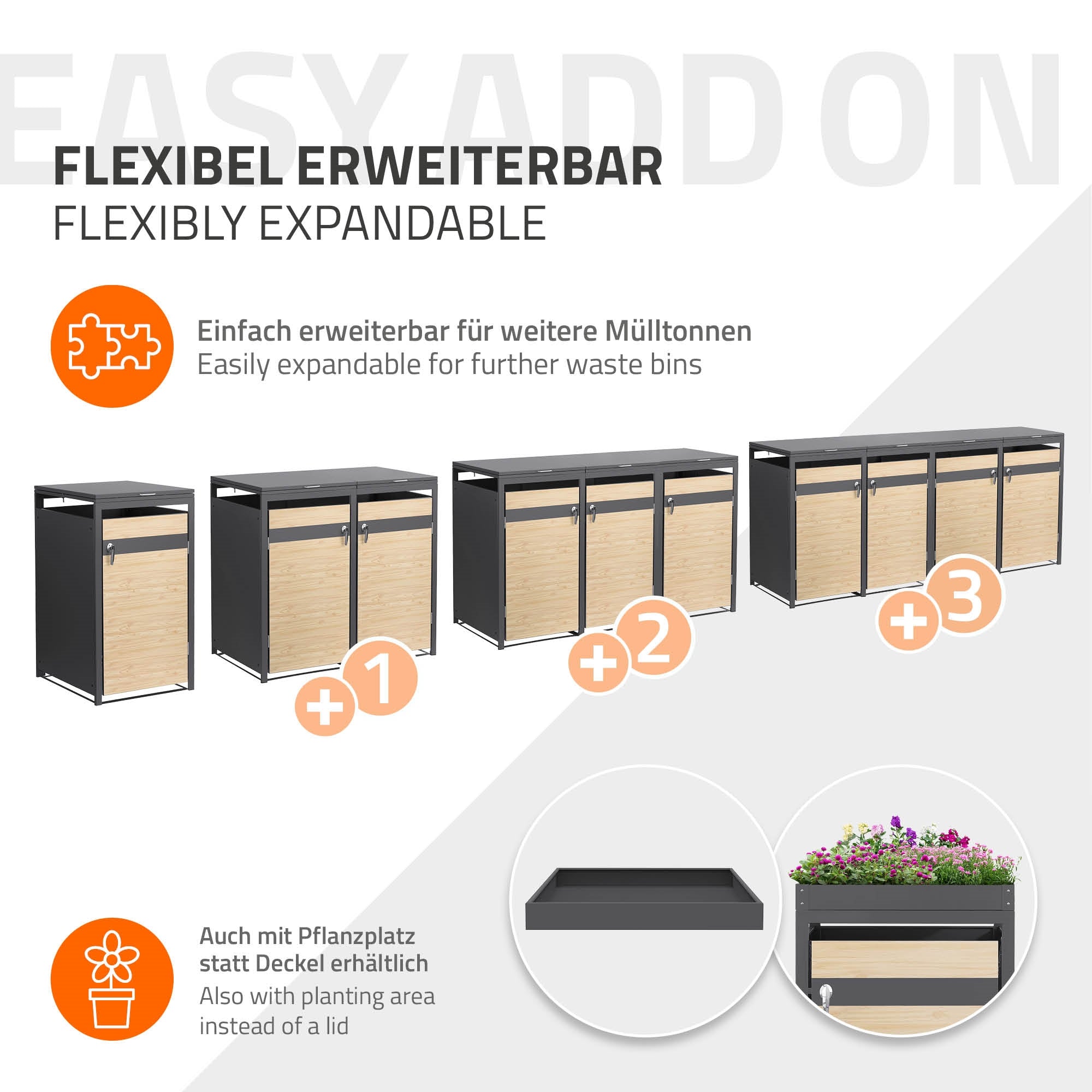 Boîtes à poubelles extensibles avec espace pour les plantes.