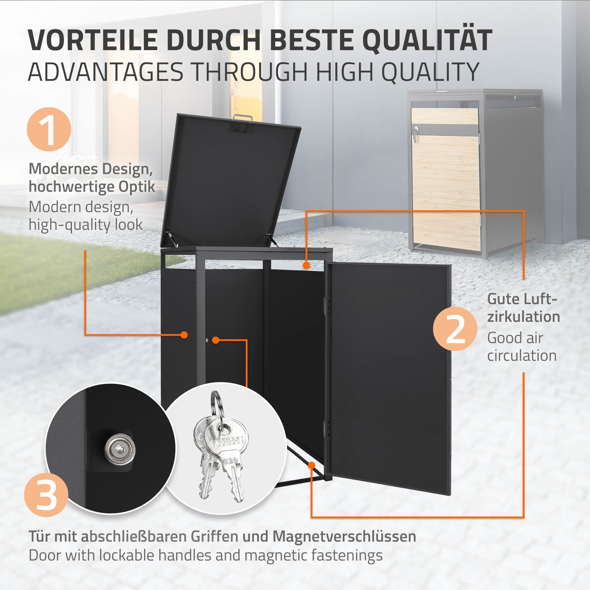 Graphic with advantages of a product, including modern design and good