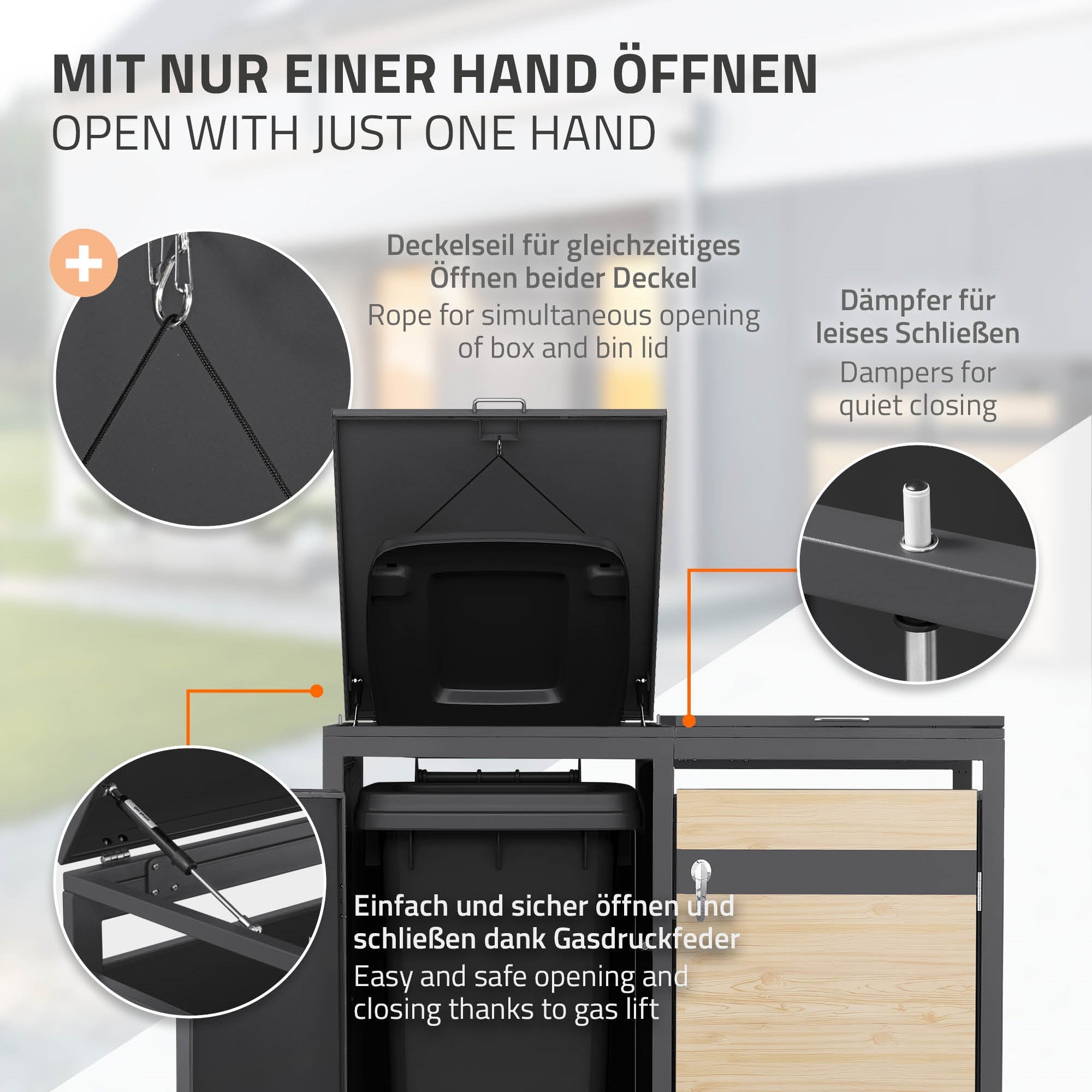 Grafik zur einhändigen Bedienung der Mülltonnenbox.