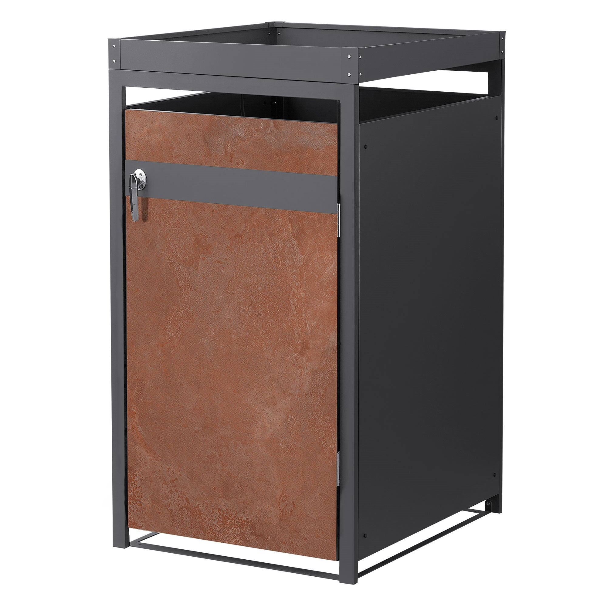 Scatola per rifiuti con porta chiusa e vista sulla parte anteriore.