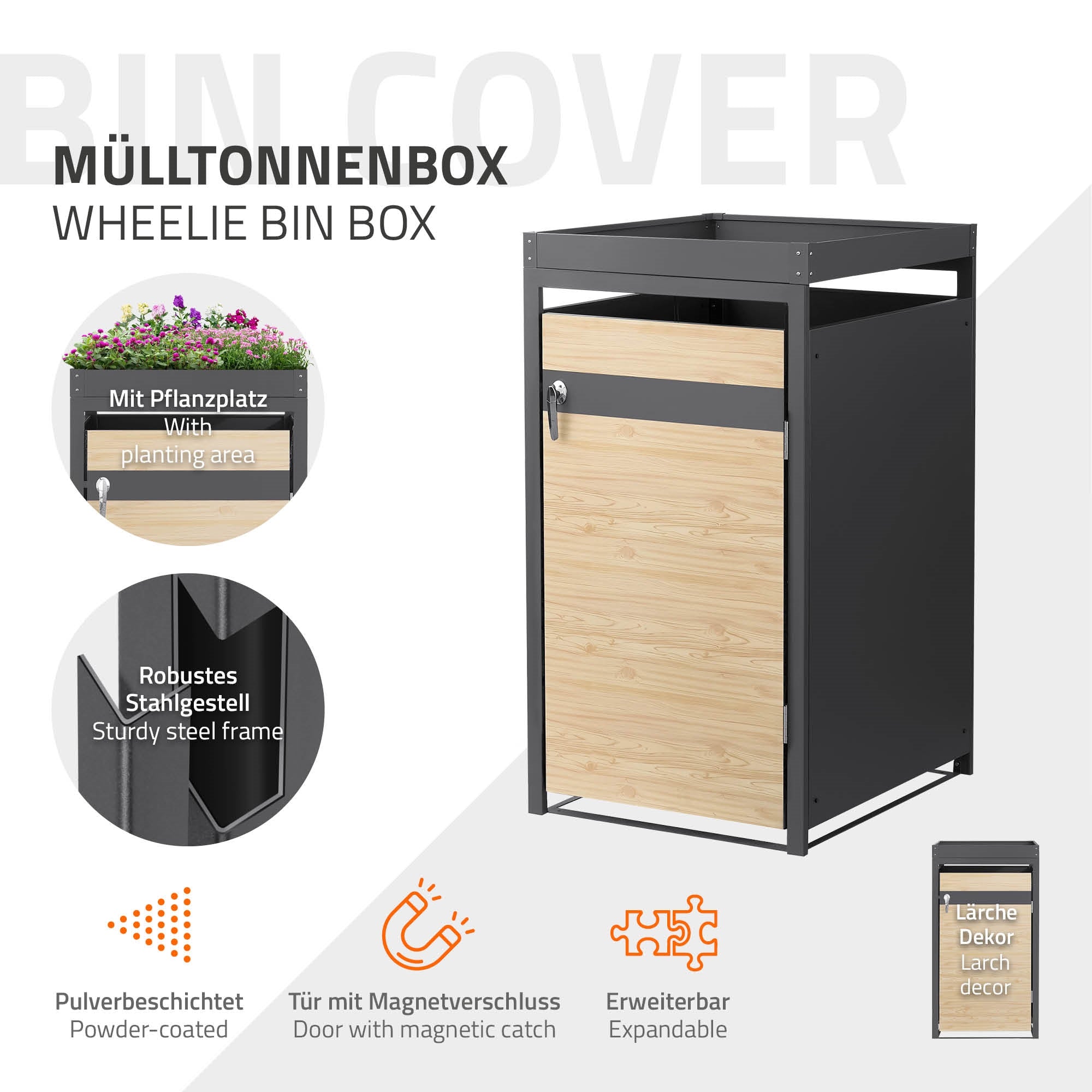 Box per contenitori di rifiuti con spazio per piante, struttura in acciaio robusto e magnetica.