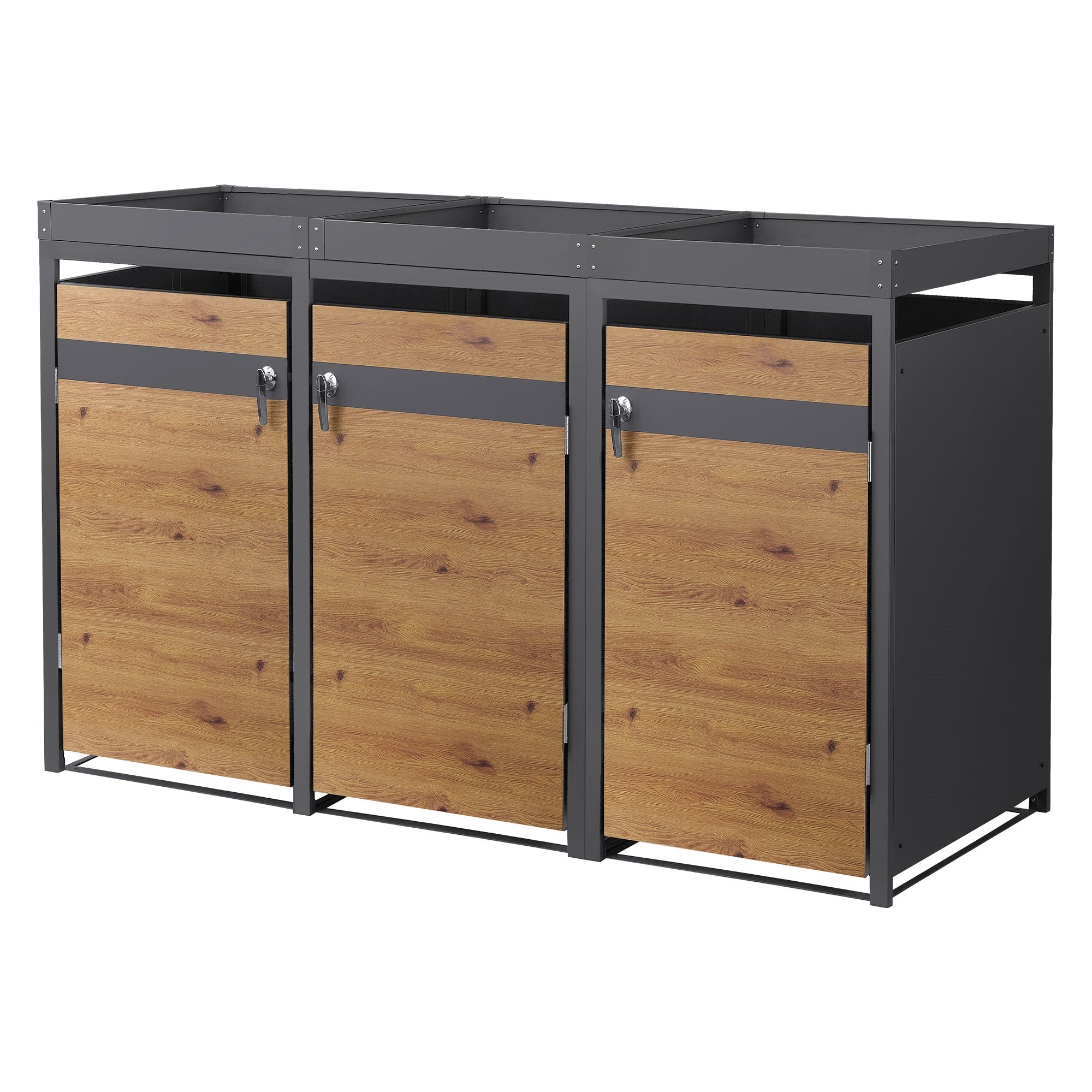 Contenedor de basura con tres compartimentos y puertas de aspecto madera.