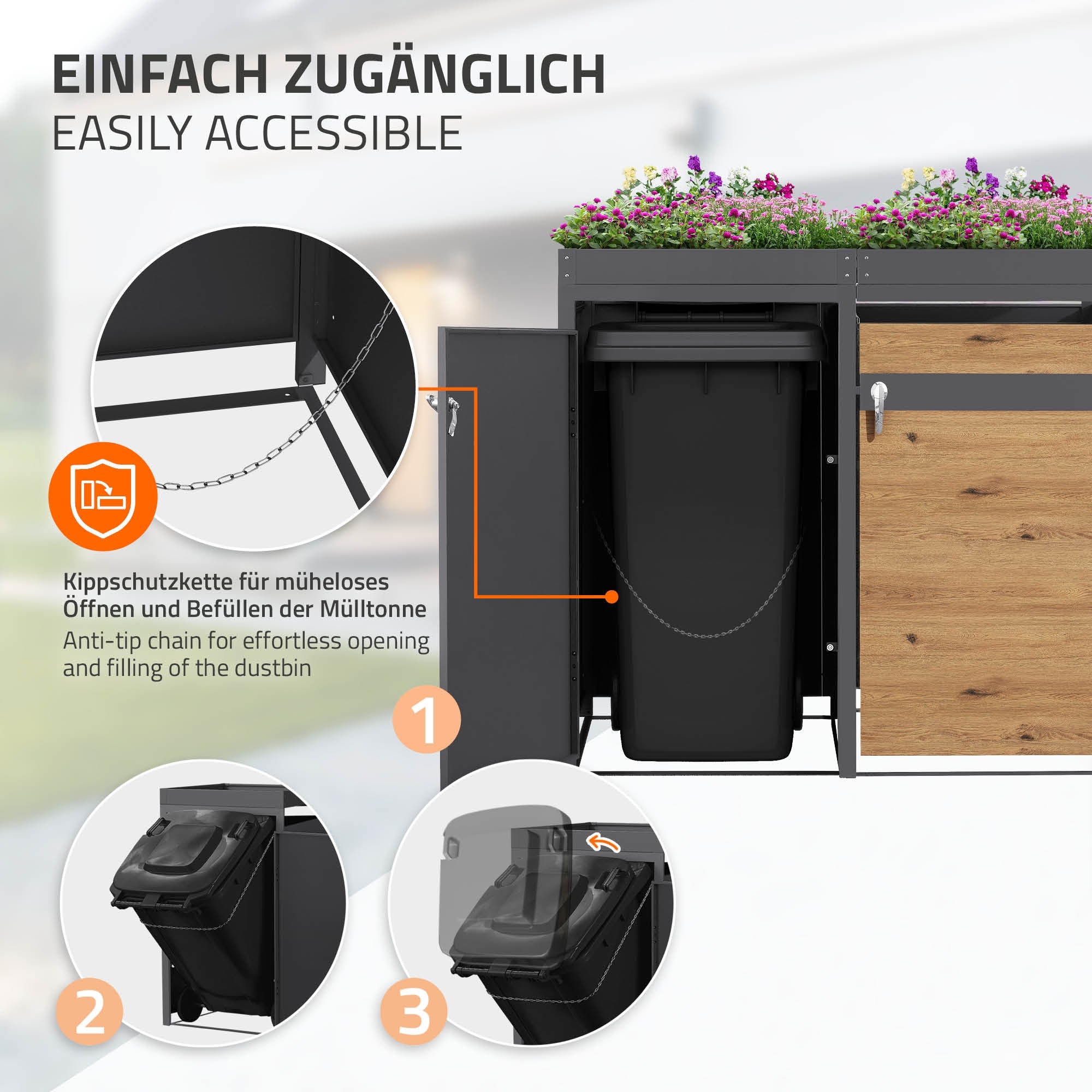Szemetesládák doboza billenő mechanizmussal és növényterülettel a tetején.