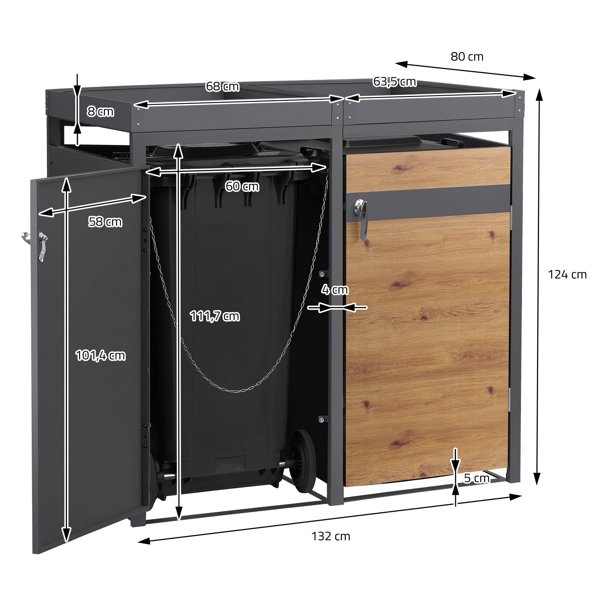 Trash can box with dimensions and a wood panel.