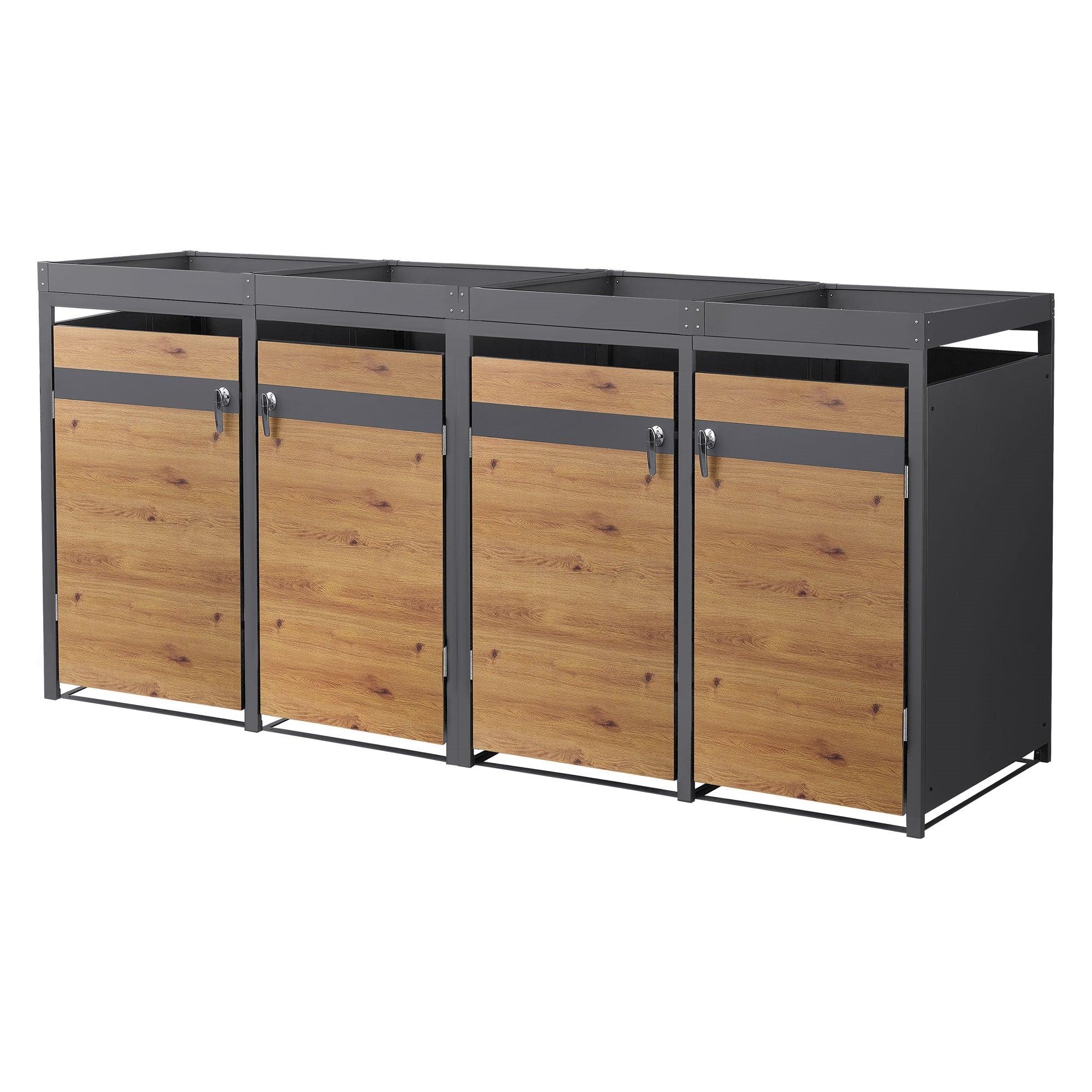 Contenedor de basura con cuatro compartimentos y puertas de aspecto madera.