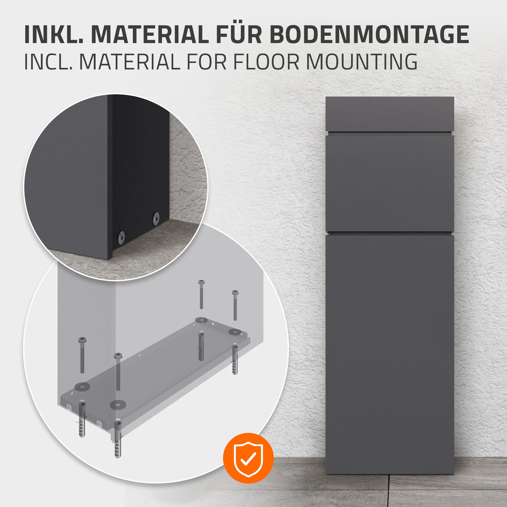 Cabinet with assembly instructions for floor mounting, detailed view of the screws.