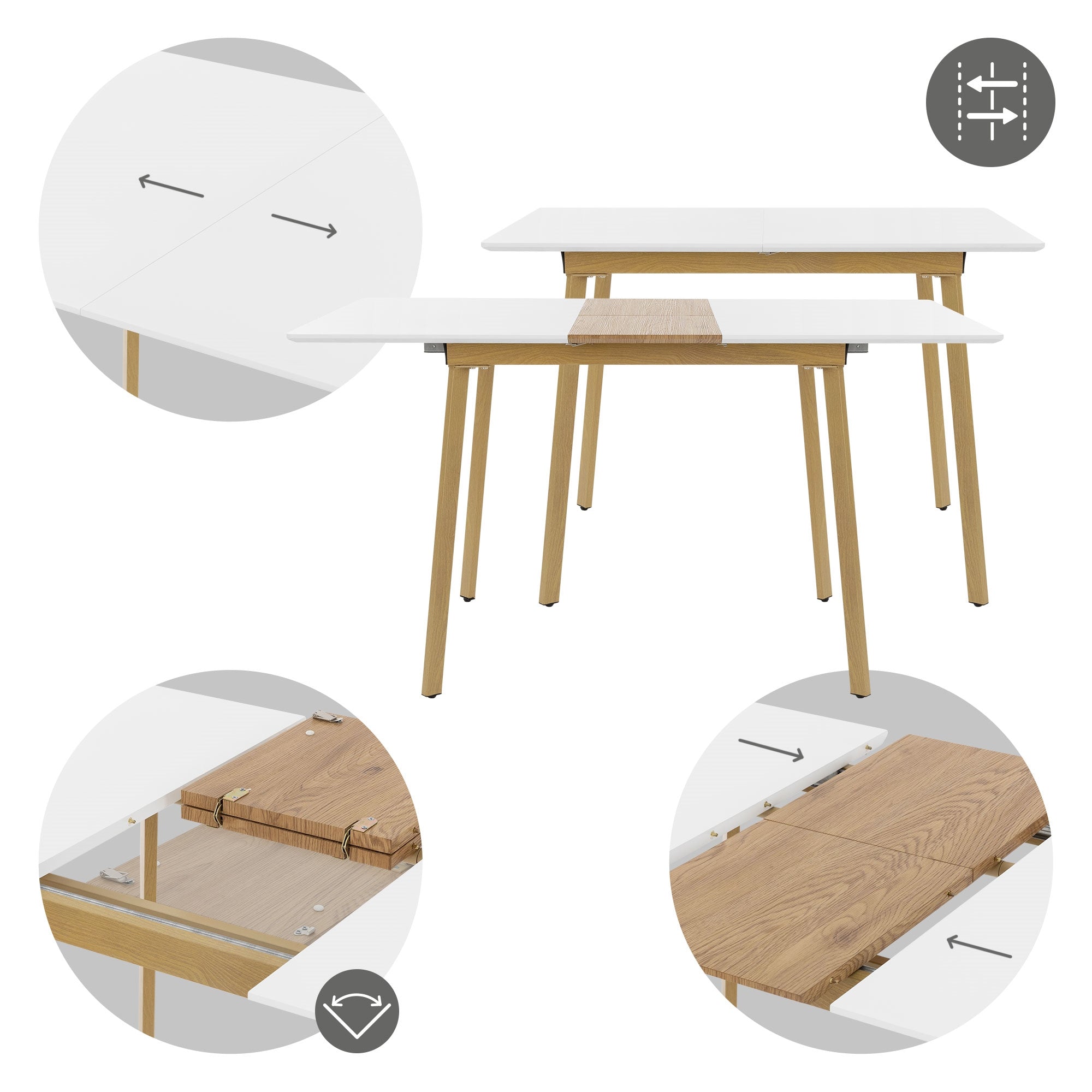 Weißer Tisch mit Holzbeinen, ausziehbar, mit Detailansicht der Mechanik.