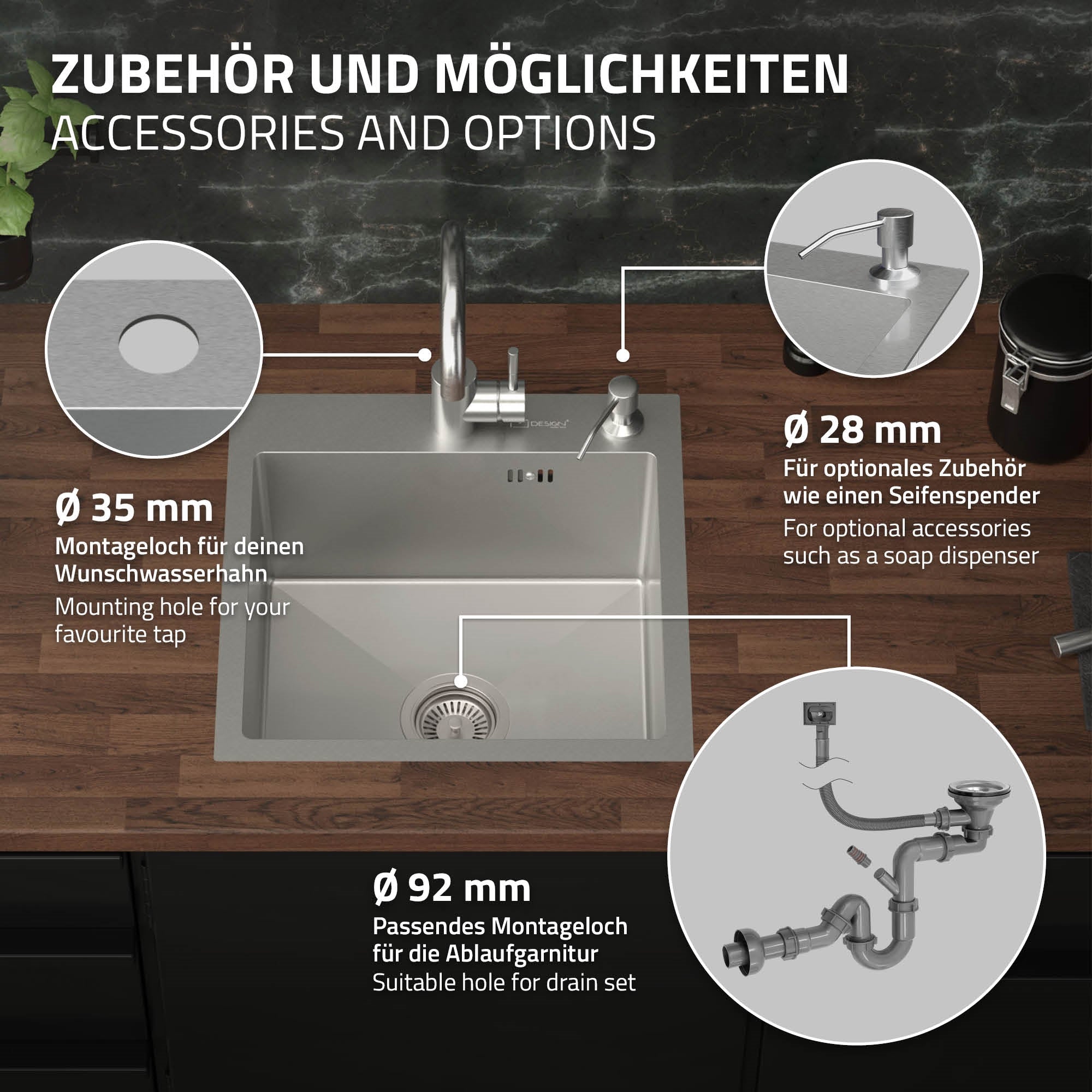 Grafika tartozékokkal és szerelési lehetőségekkel egy konyhai mosogatóhoz.