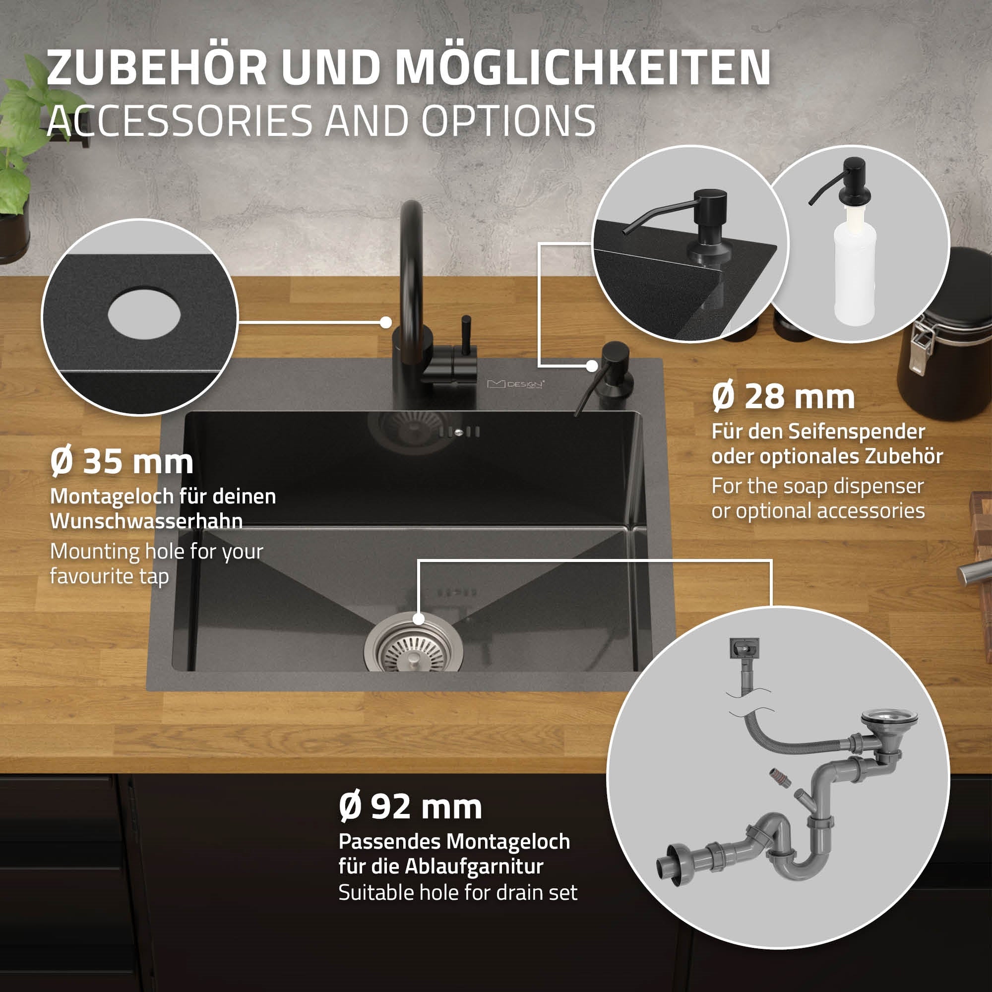 Diagram met montageopties voor accessoires aan een keuken gootsteen.