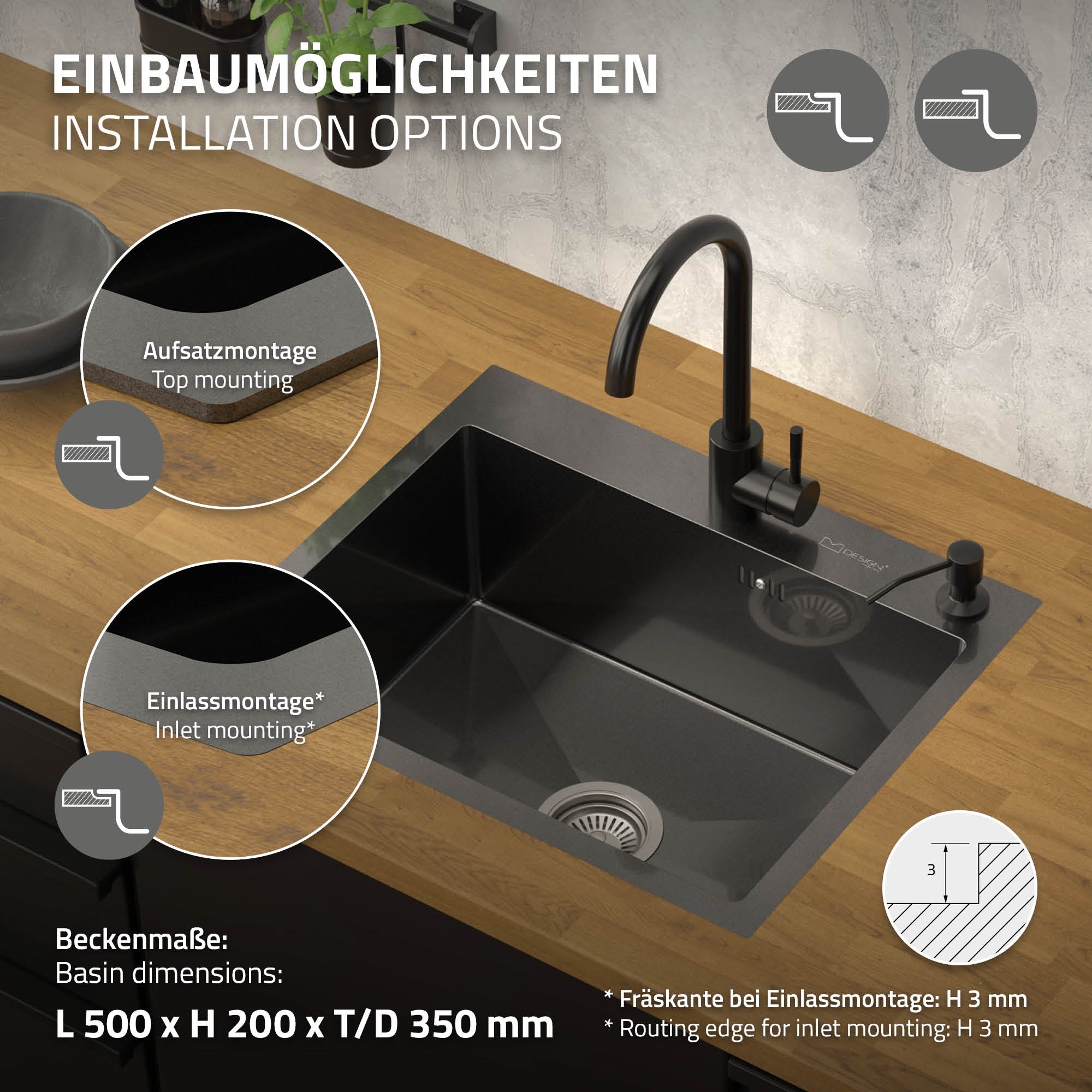 Installatieopties voor gootstenen met afmetingen.