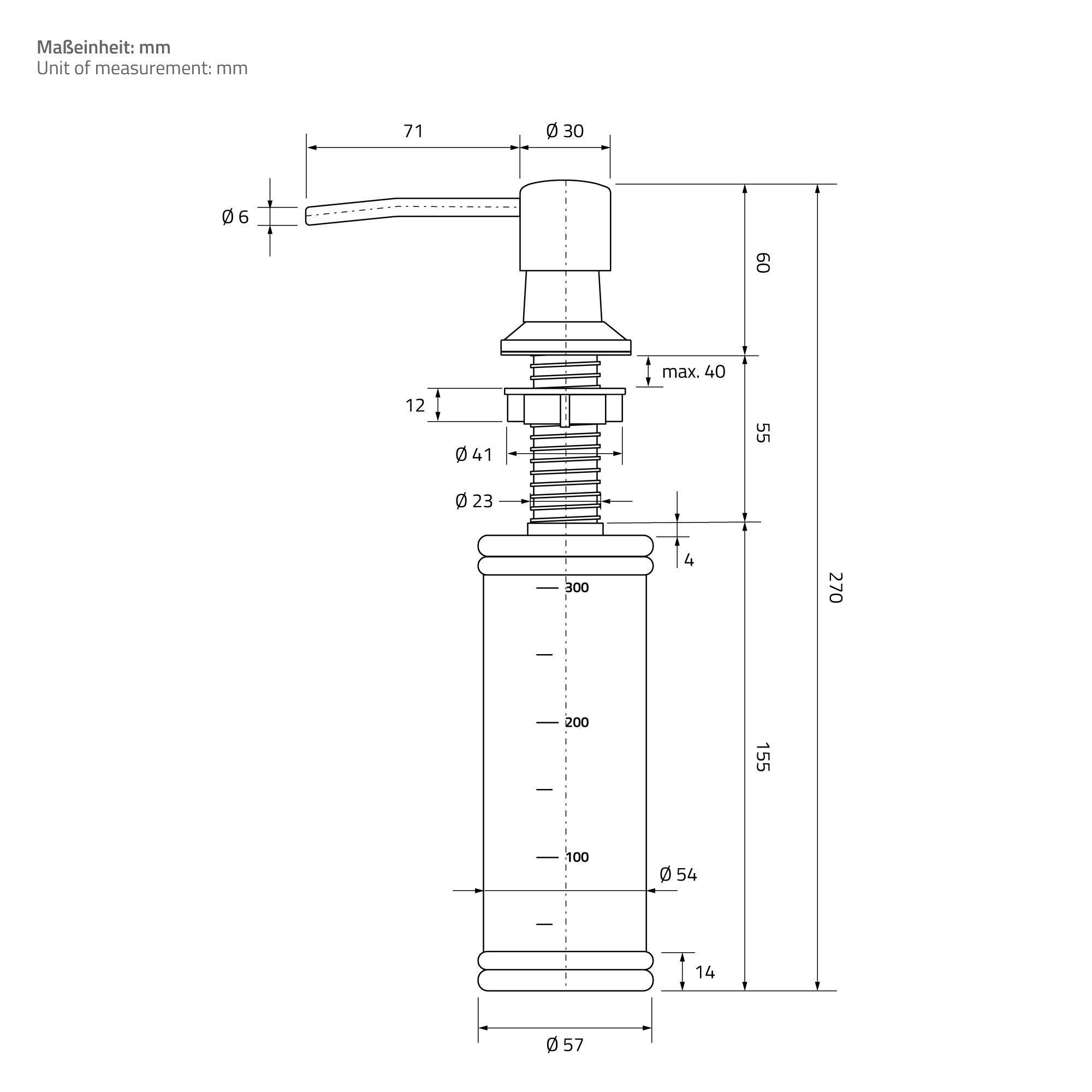 Technische tekening van een zeepdispenser met afmetingen.