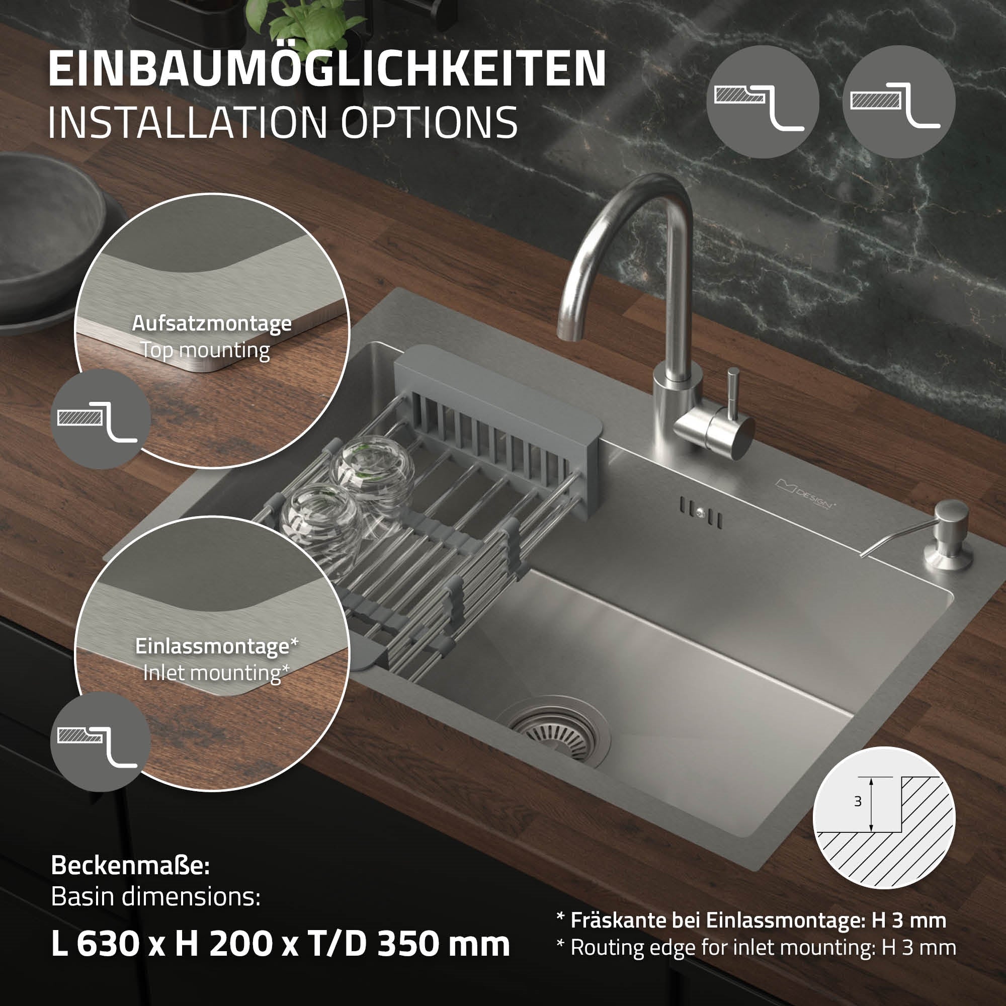 Diagram a konyhai mosogató beépítési lehetőségeiről.