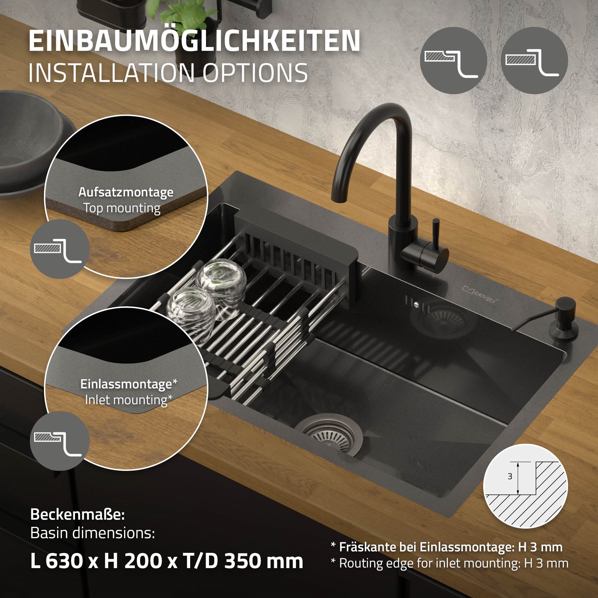 Fregadero negro con estante para platos y grifo sobre encimera de madera.