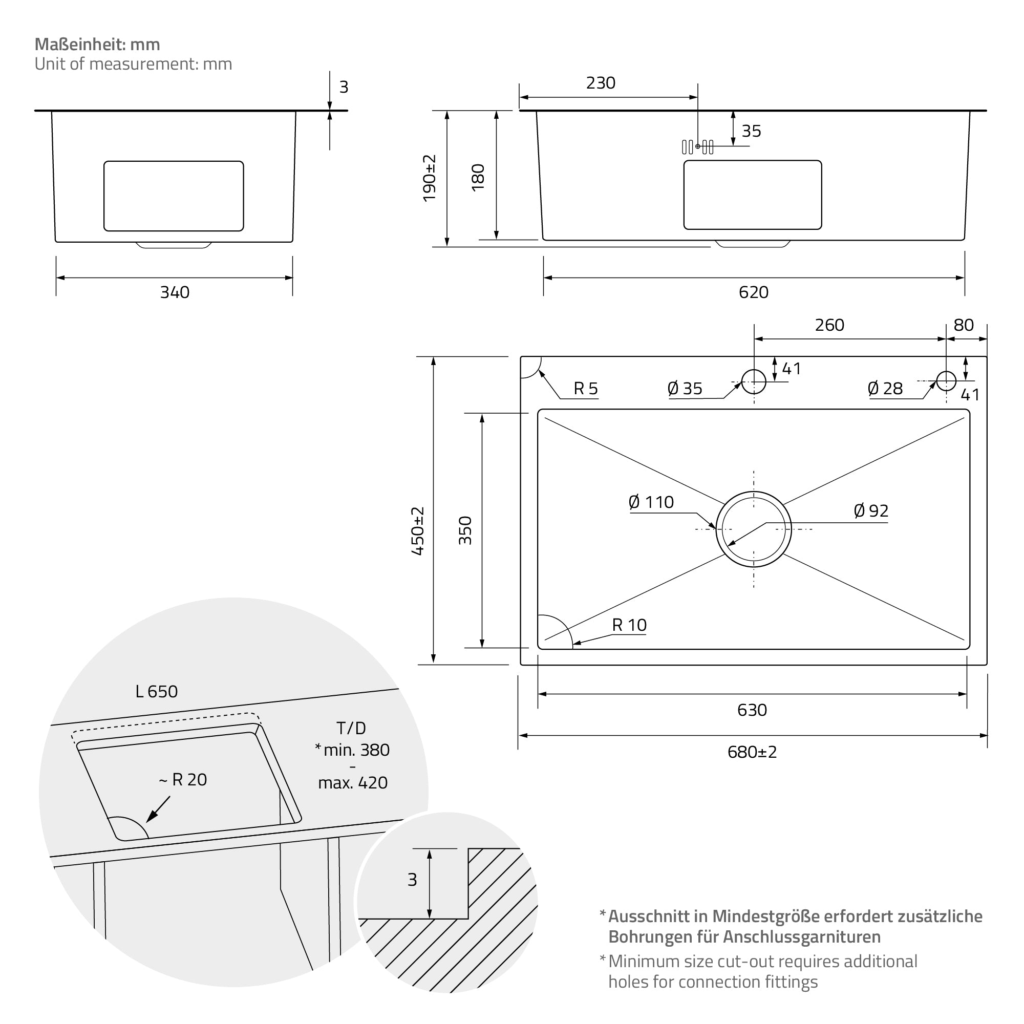 Dibujo técnico de un lavabo con medidas en milímetros.