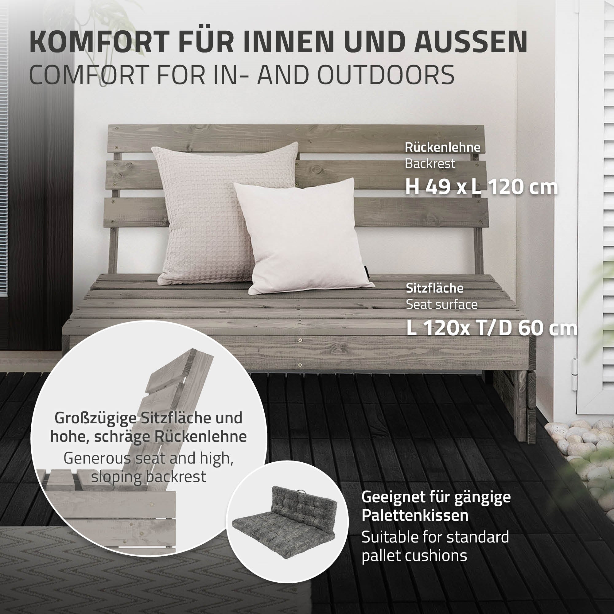 Eine Holzbank mit Kissen für den Innen- und Außenbereich.