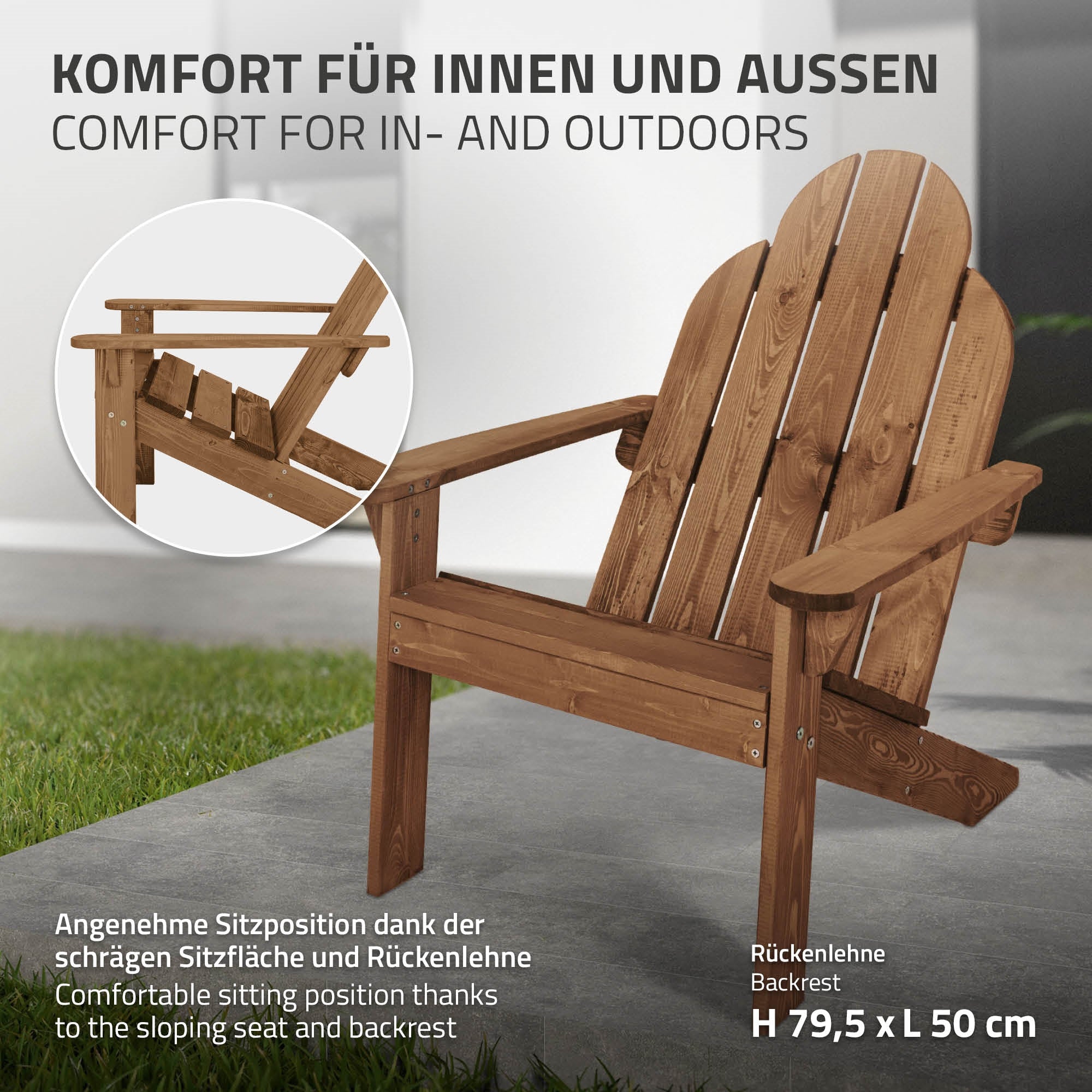 Adirondack-Stuhl mit bequemer Sitzfläche und schräger Rückenlehne.