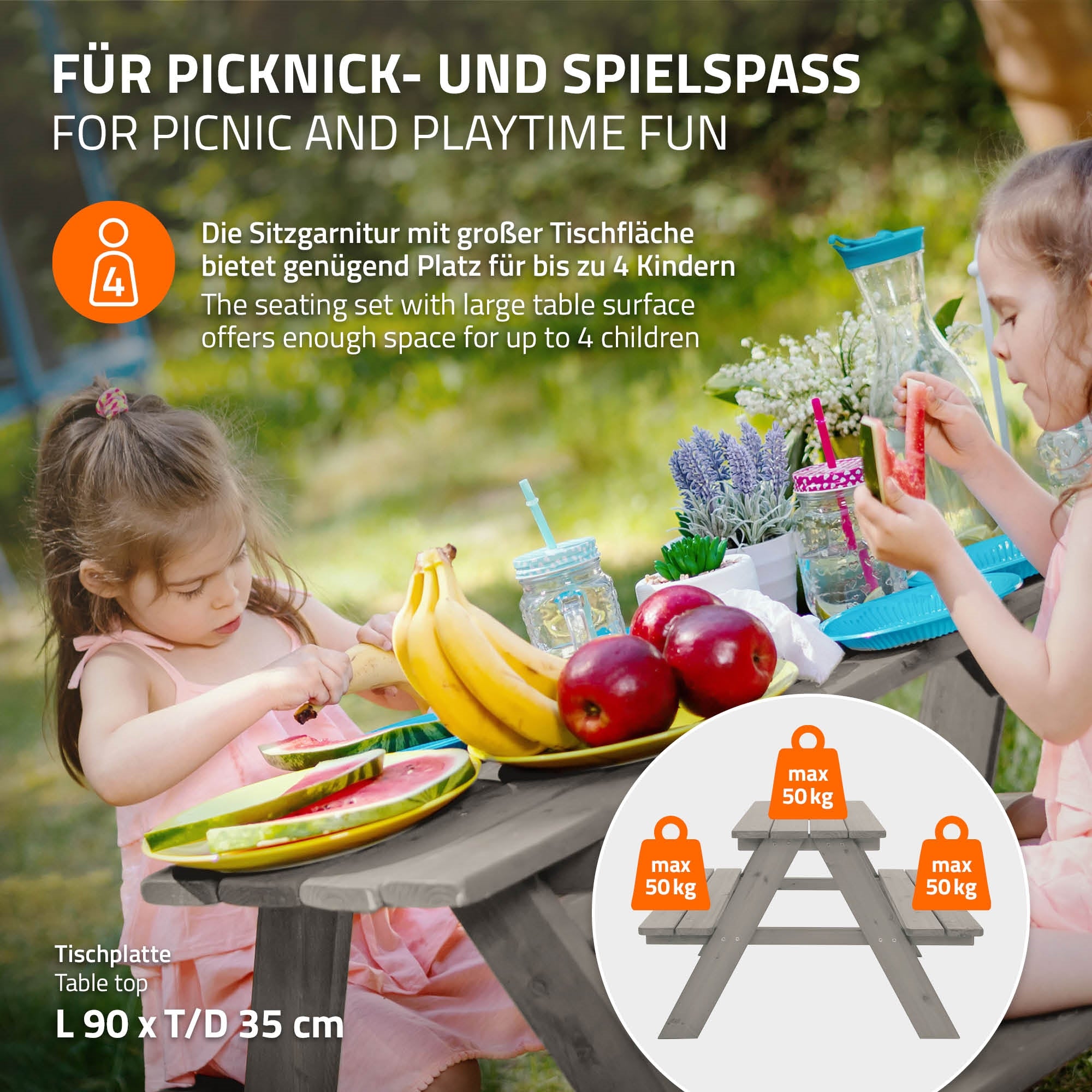 Tisch mit großer Tischplatte für bis zu 4 Kinder, mit Spielzeug und Snacks.