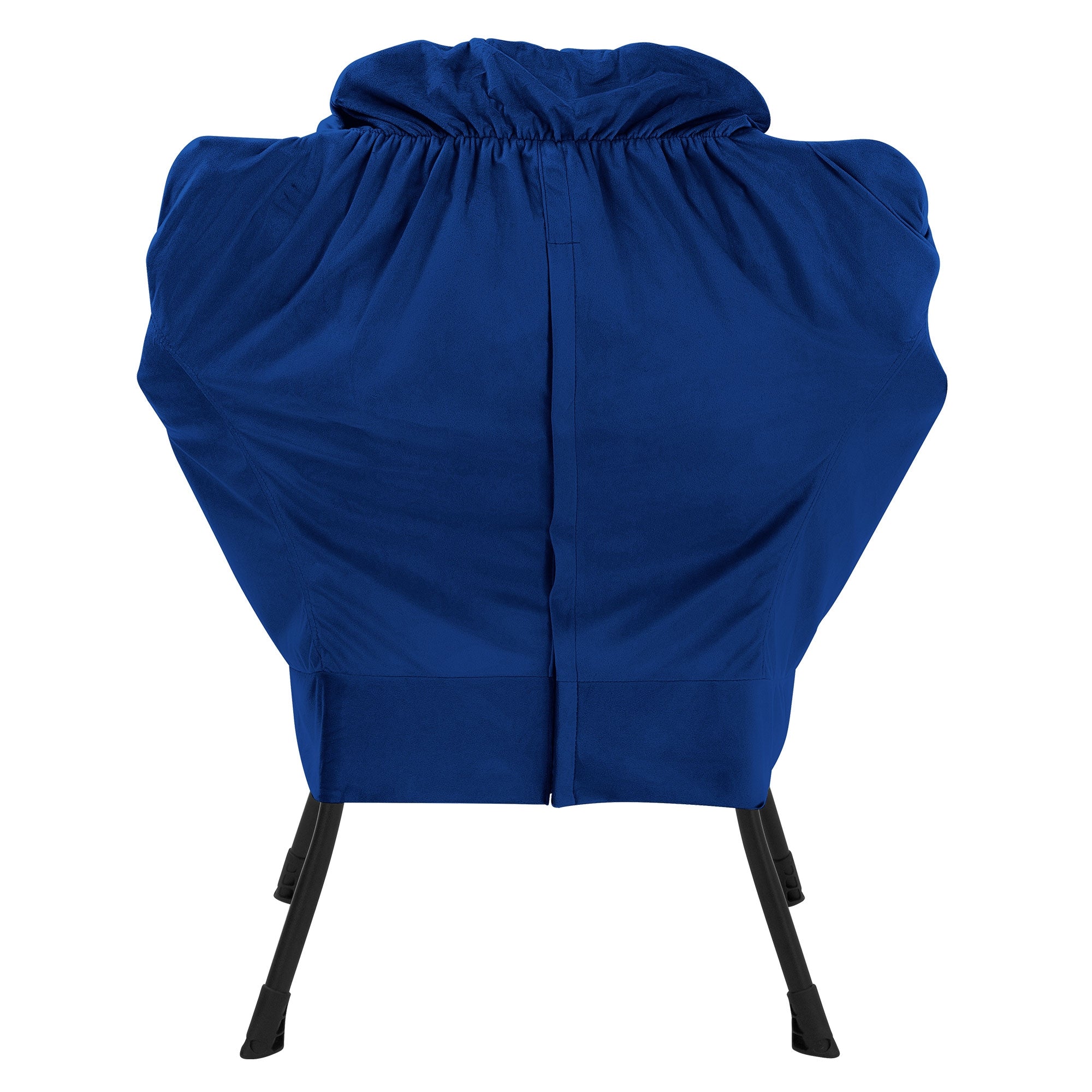 Achteraanzicht van een stoel, bedekt met een blauwe stof.
