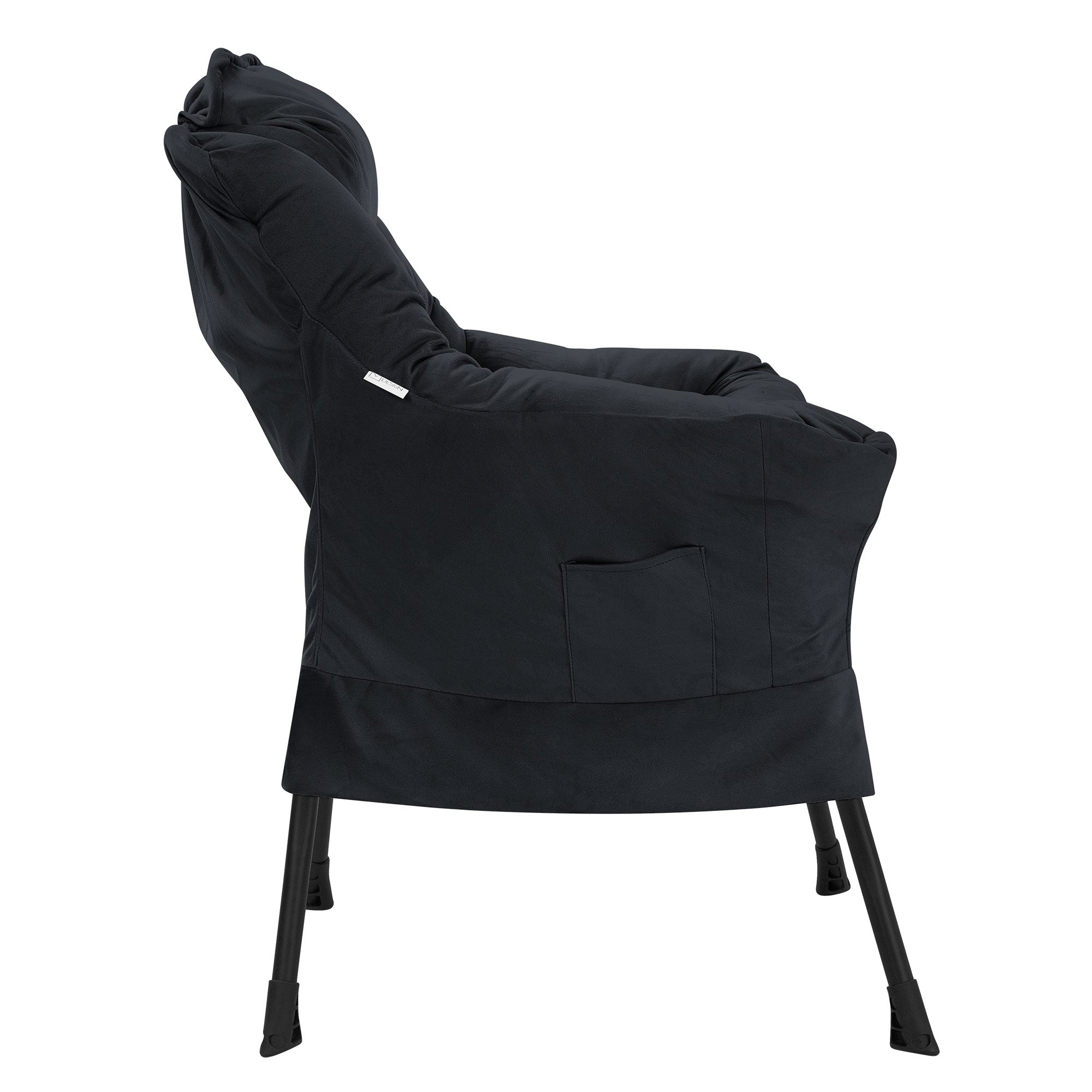Side view of a black armchair with cushions.
