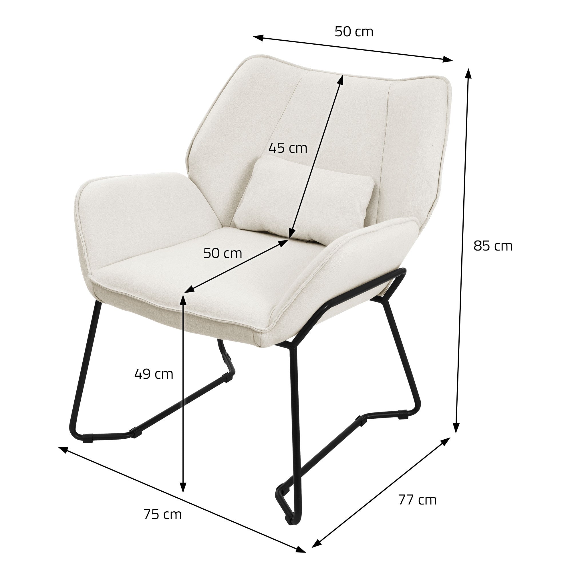 Dimension drawing of a white armchair with measurements in cm.