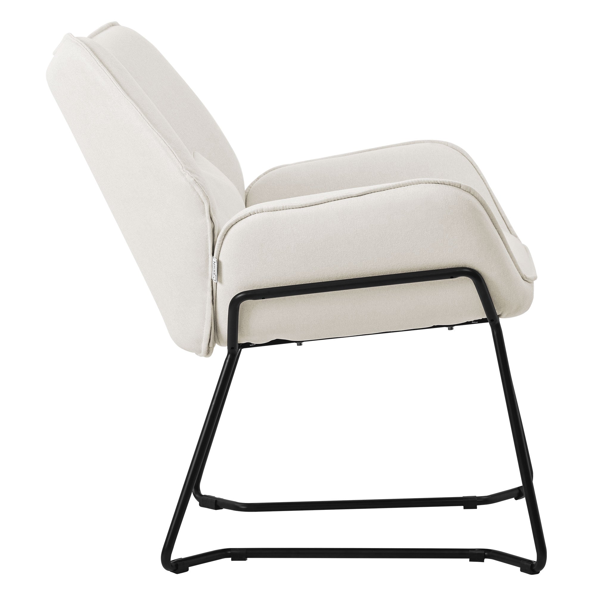 Beige armchair with black frame, side view.