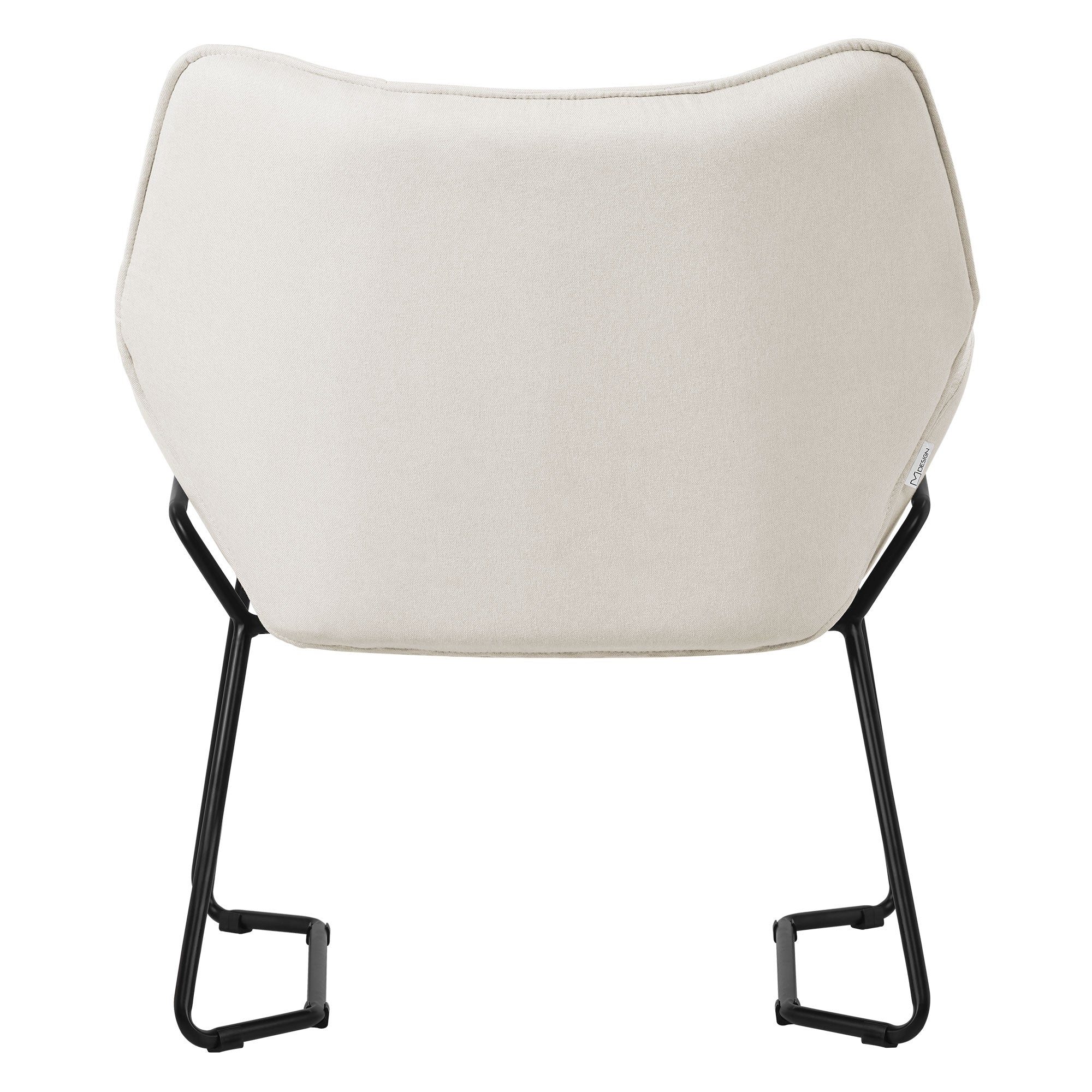 Rear view of a white armchair on a black frame.