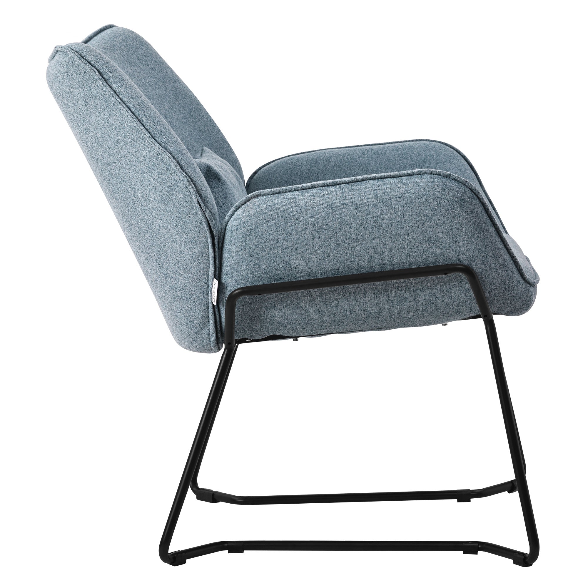 Un sillón azul de lado, con una estructura negra.