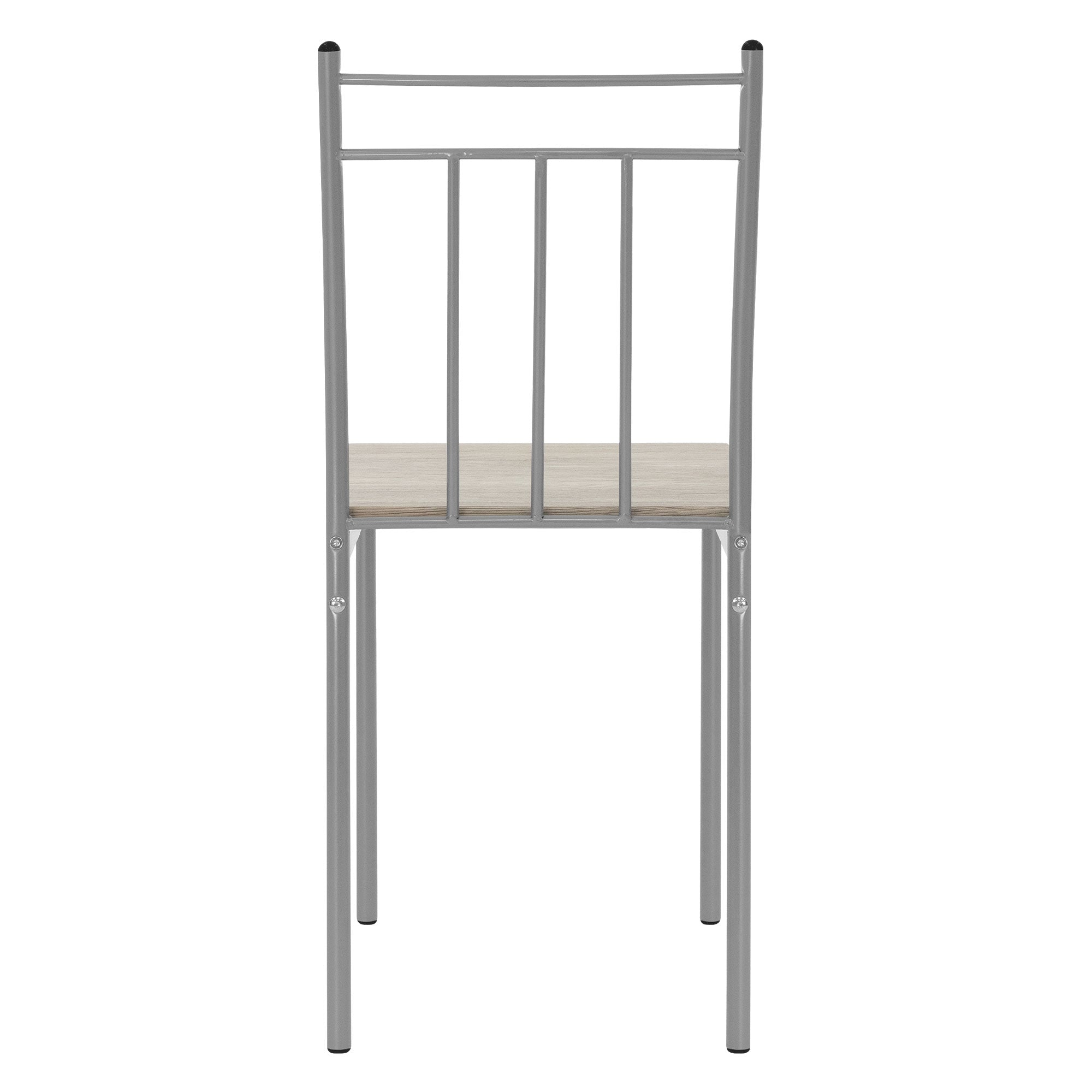 Vista trasera de una silla con una estructura de metal y un asiento de madera.