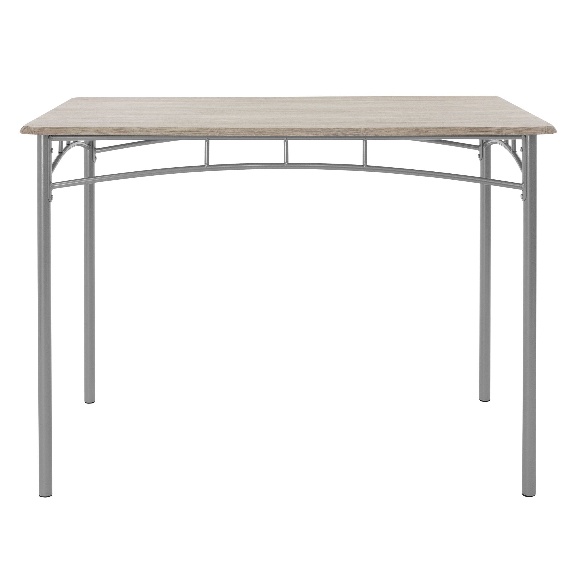 Una mesa rectangular con superficie de madera y estructura plateada.
