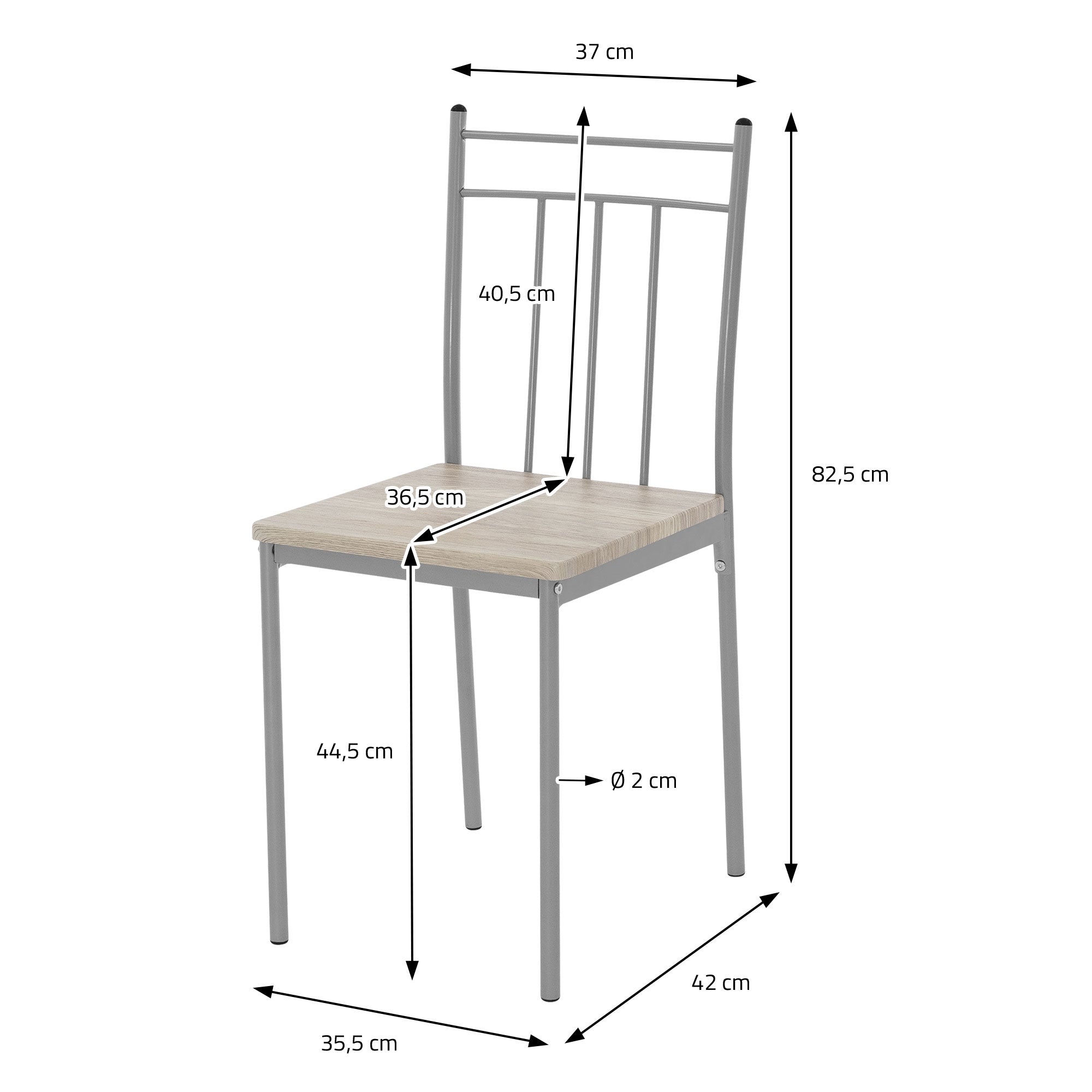 Una silla con asiento de madera y estructura de metal, se indican las medidas.