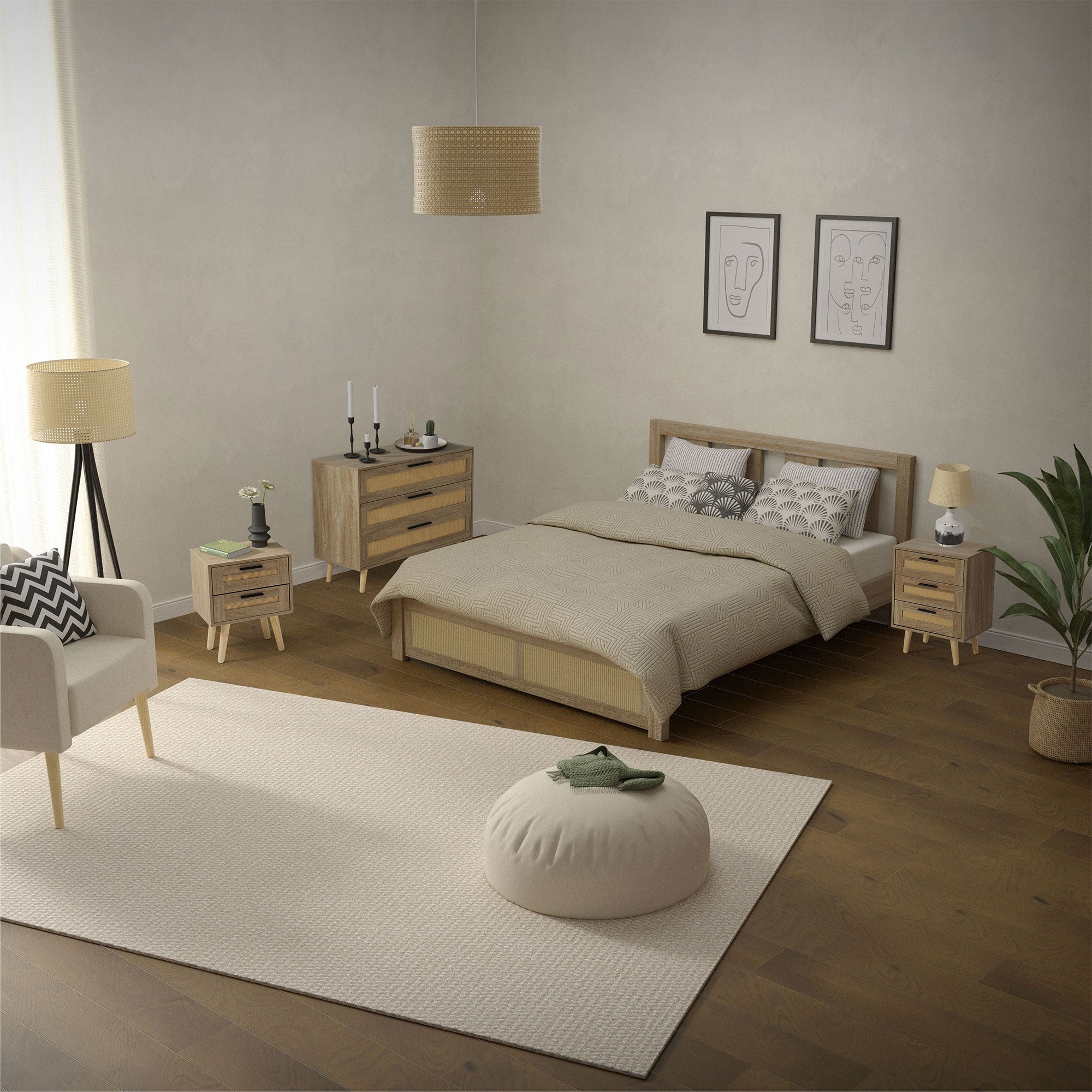 Schlafzimmer mit Bett, Nachttischen, Teppich und Pflanzen im modernen Stil.