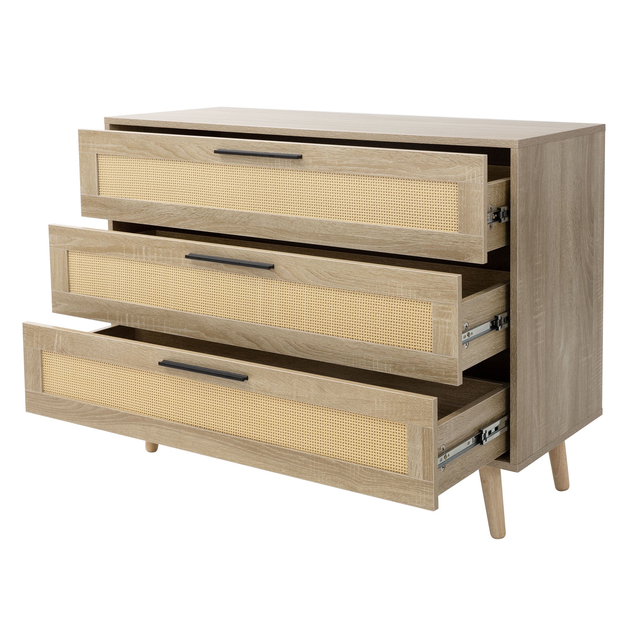Kommode mit drei Schubladen aus Holz und Rattan.