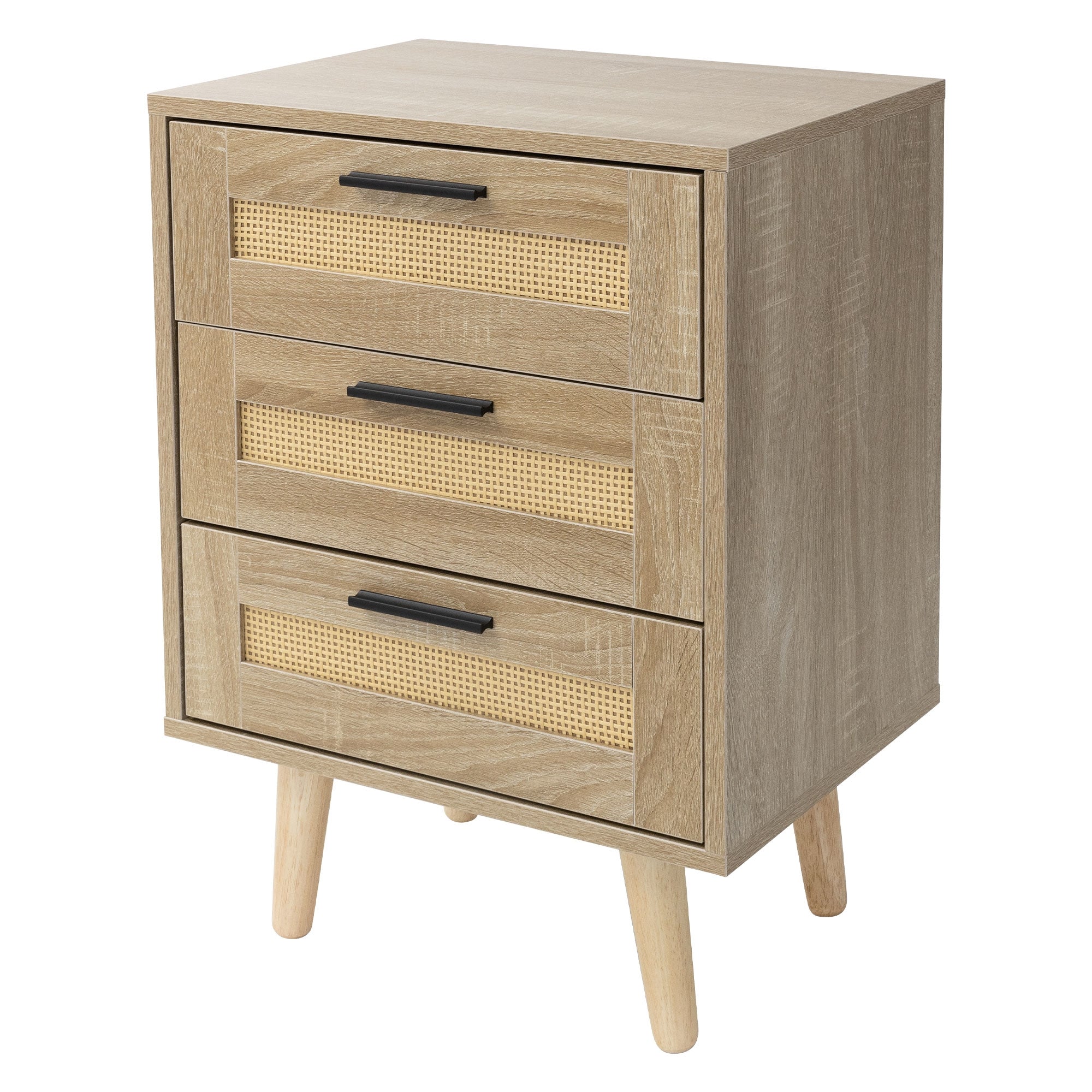 A wooden cabinet with three drawers and rattan fronts.